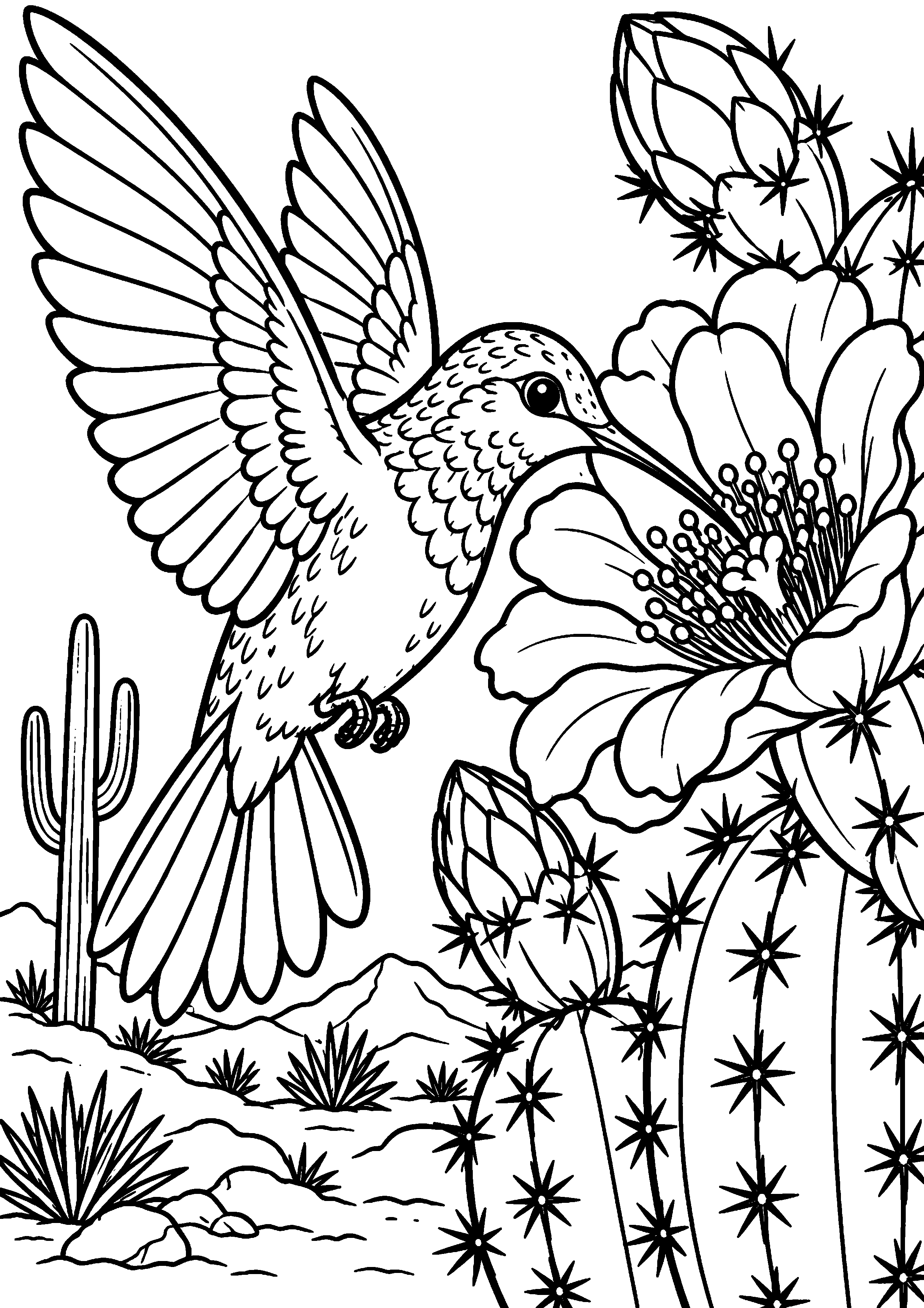 Grand coloriage d’un colibri près d’une fleur de cactus, contours noirs nets sur fond blanc