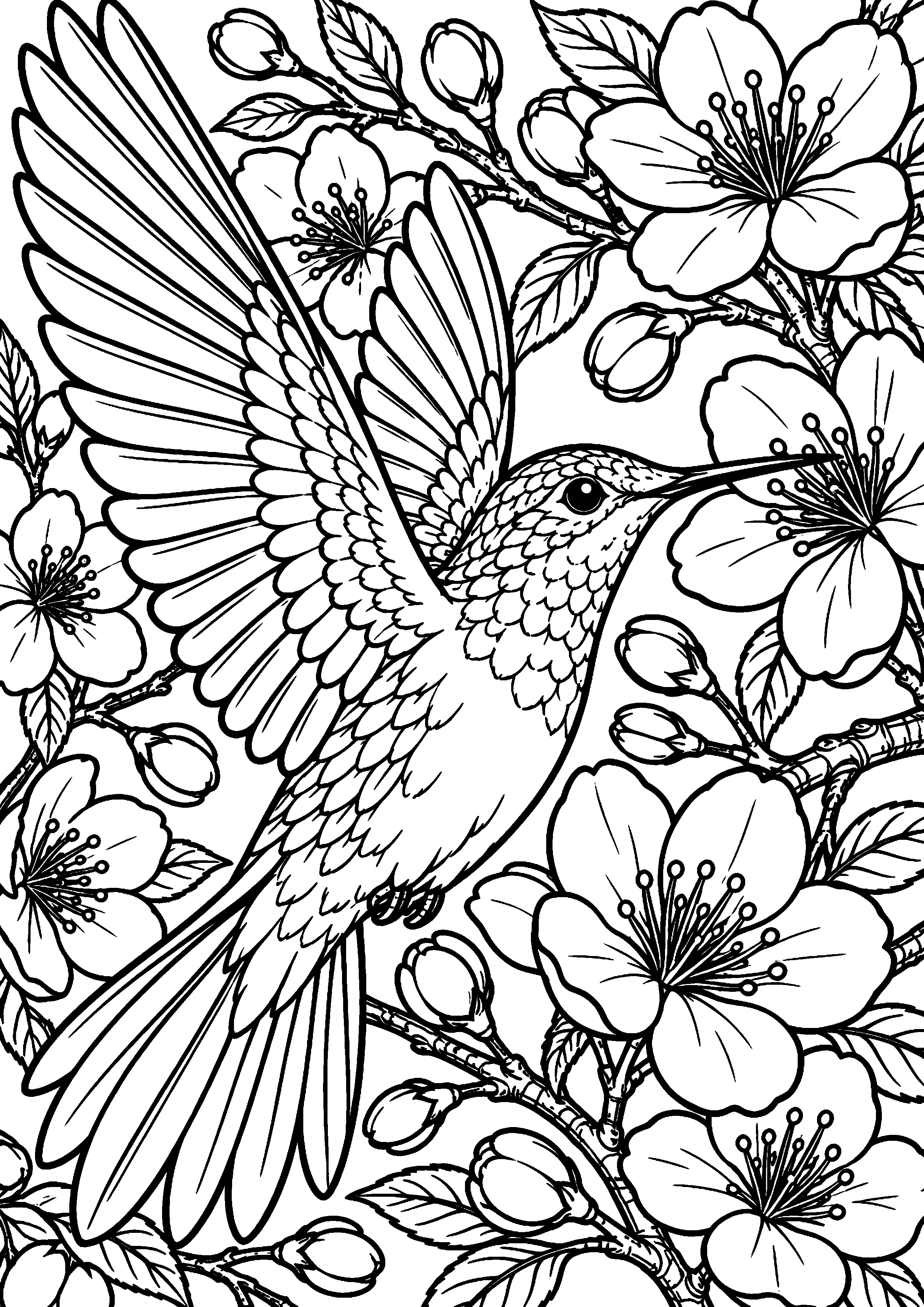 Grand coloriage d’un colibri dans un cerisier en fleurs, contours noirs nets sur fond blanc