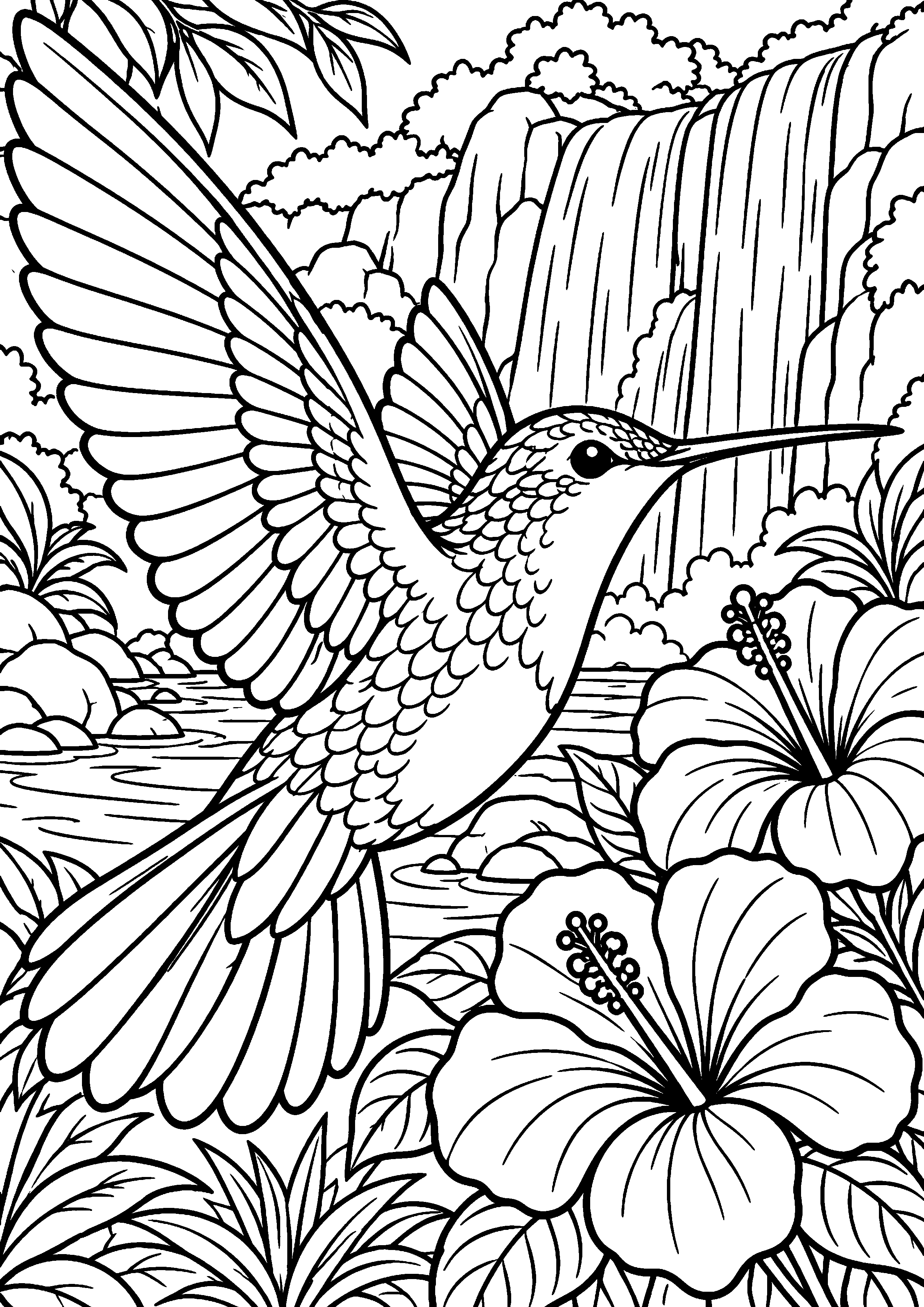 Grand coloriage d’un colibri volant devant une petite cascade, contours noirs nets sur fond blanc