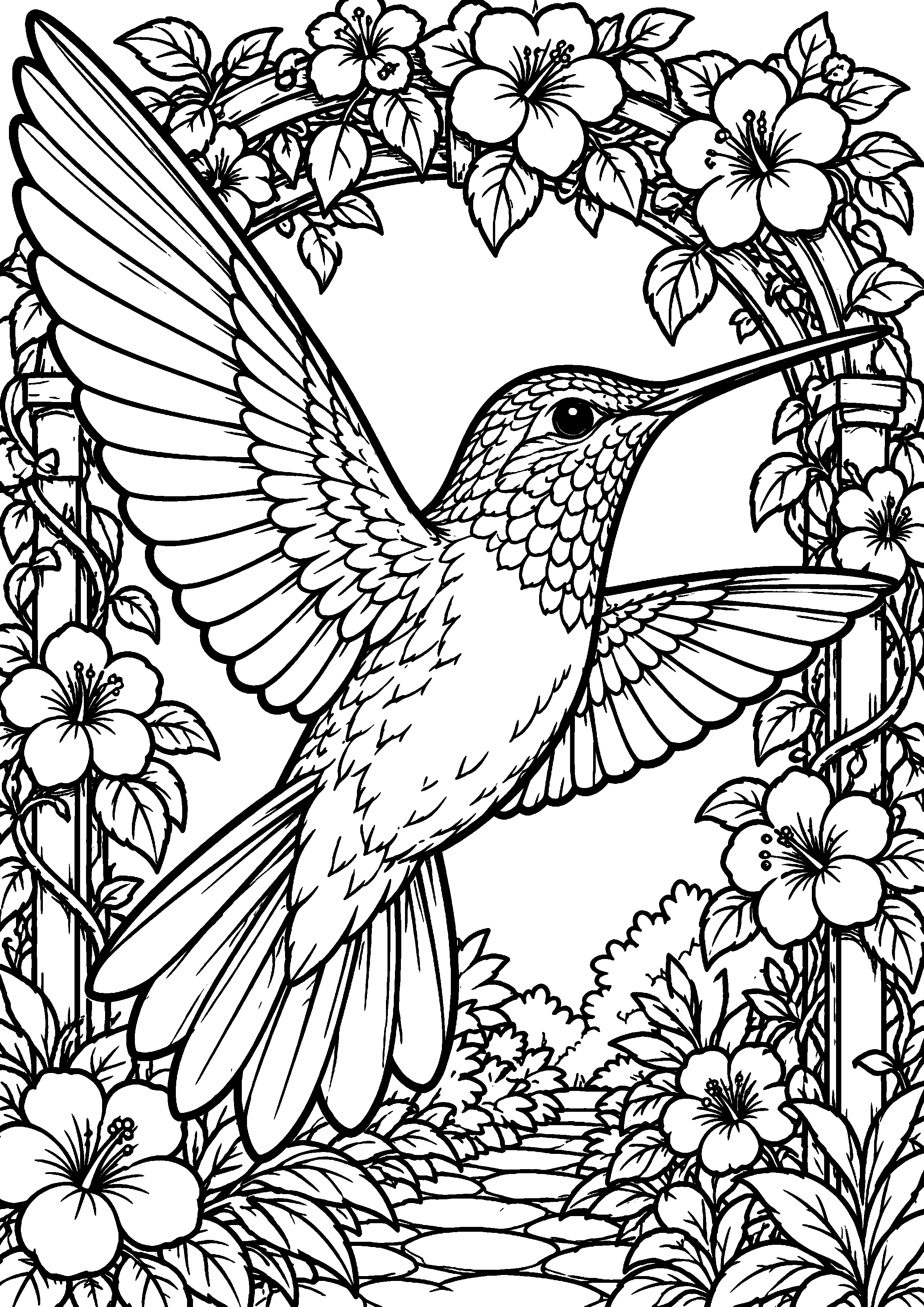 Grand coloriage d’un colibri sous une arche fleurie, contours noirs nets sur fond blanc