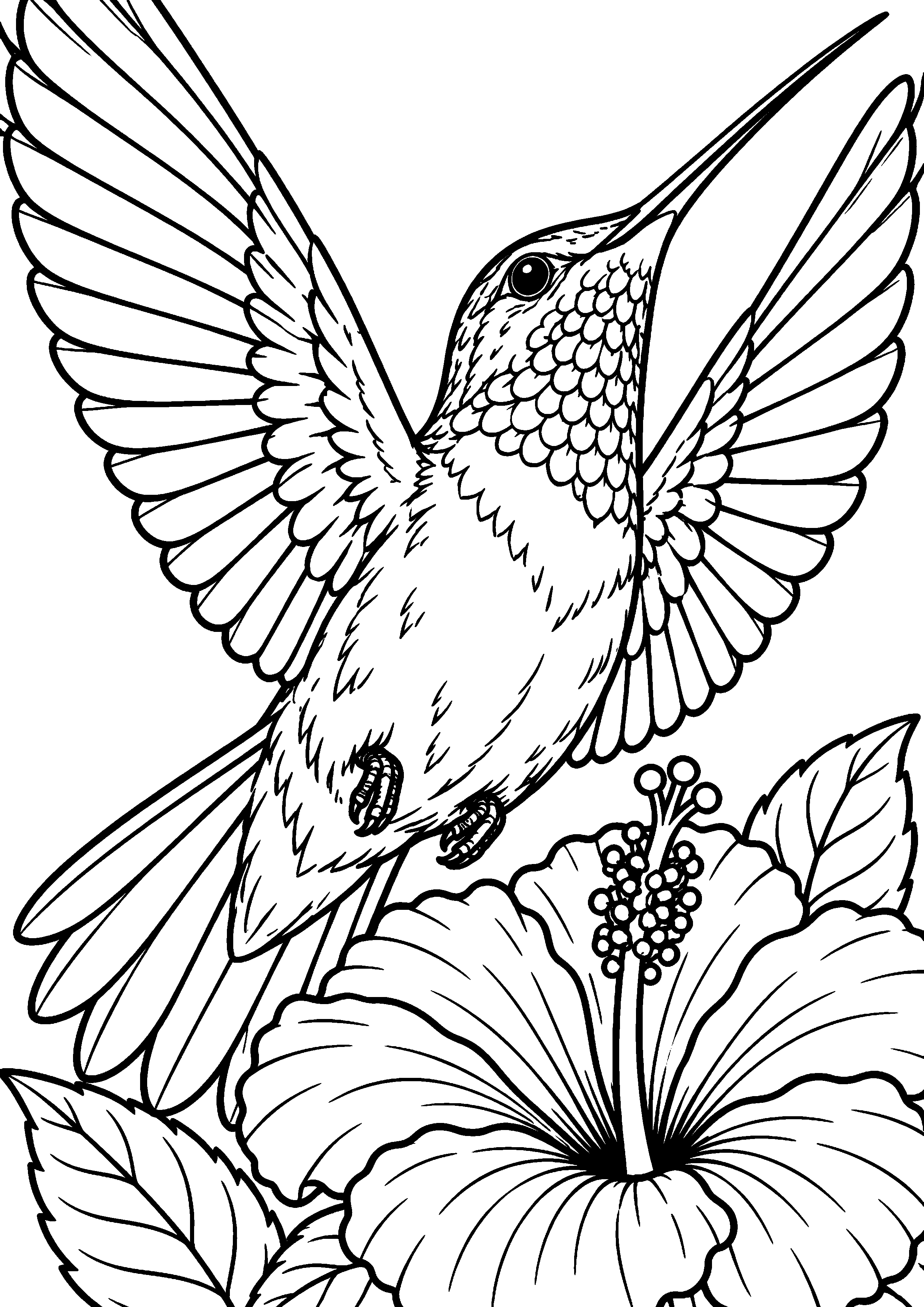 Grand coloriage d’un colibri vu par dessous en plein vol, contours noirs nets sur fond blanc