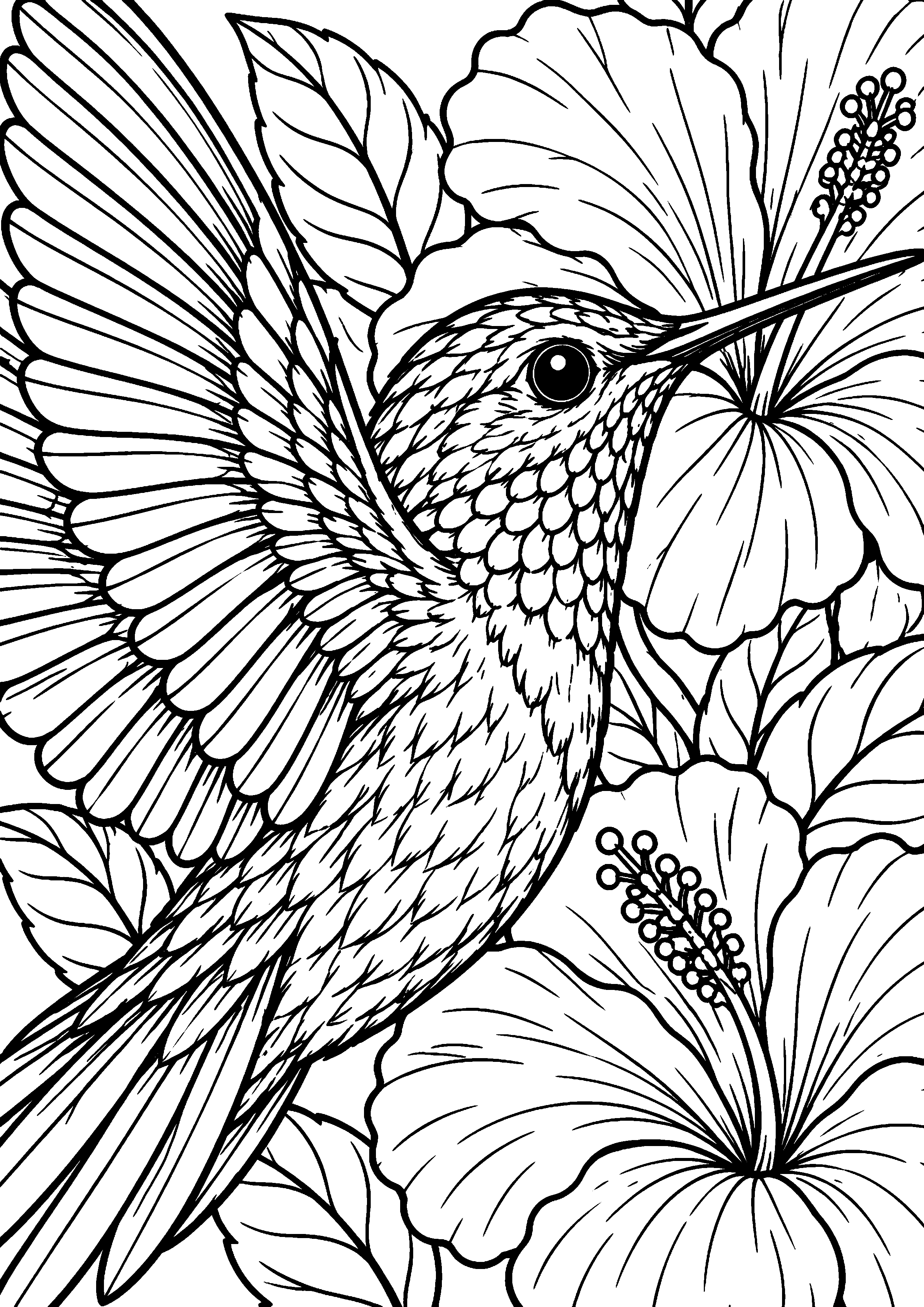 Grand coloriage d’un colibri en portrait rapproché, contours noirs nets sur fond blanc