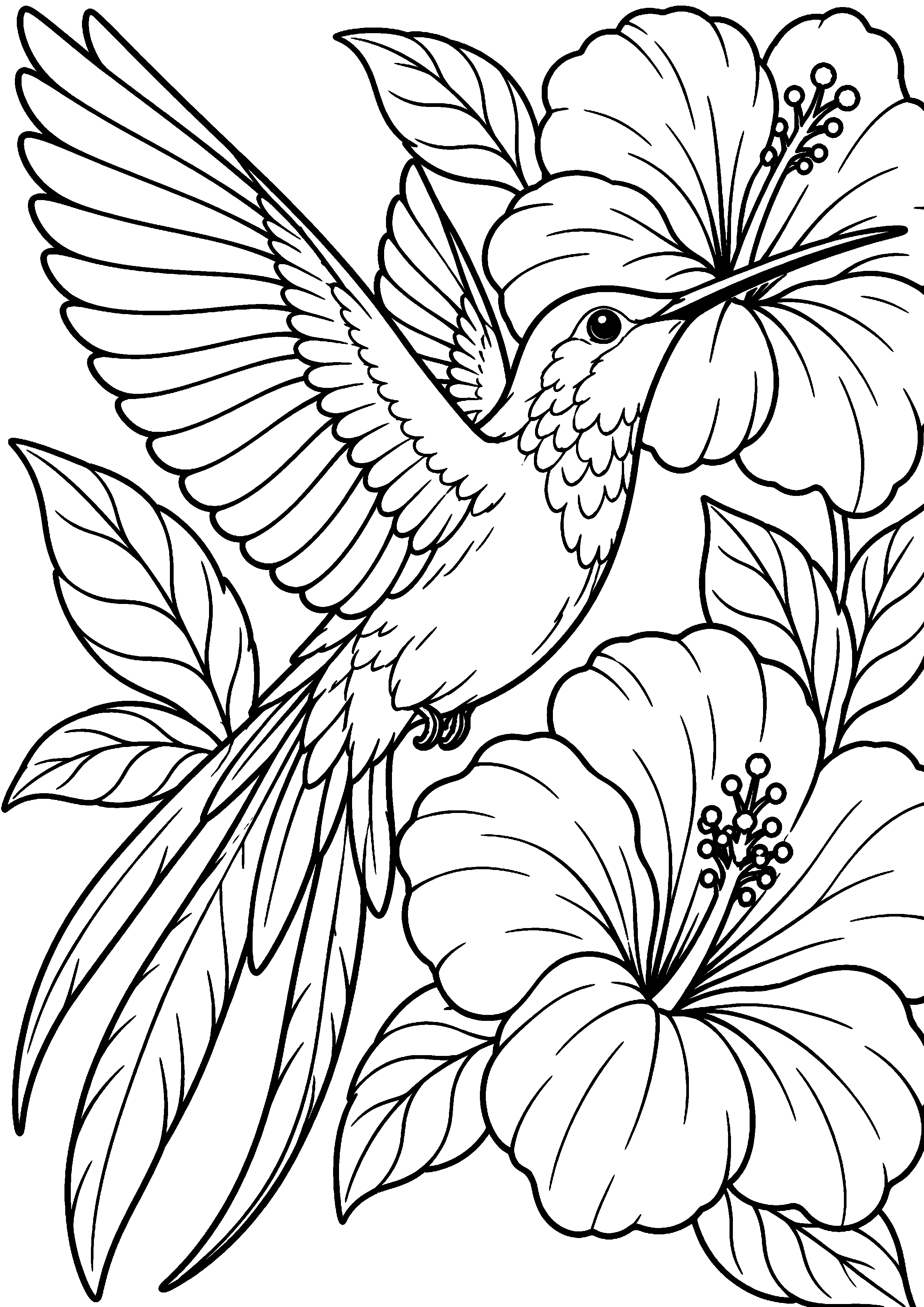 Grand coloriage d’un colibri avec la queue déployée, contours noirs nets sur fond blanc