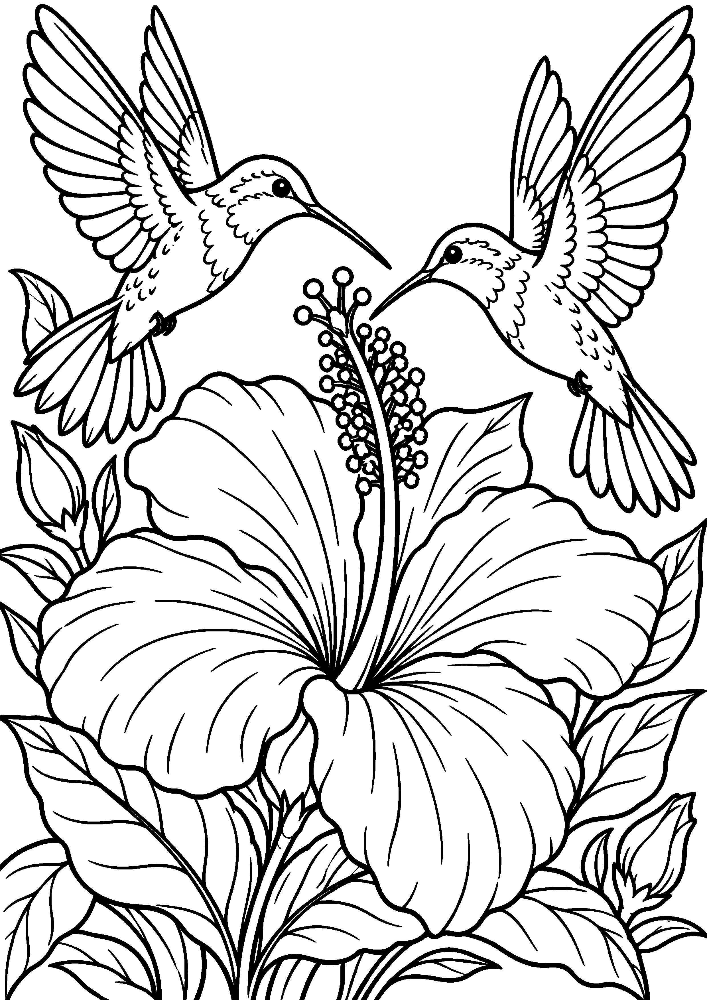 Grand coloriage d’un colibri dans une parade avec un second colibri, contours noirs nets sur fond blanc