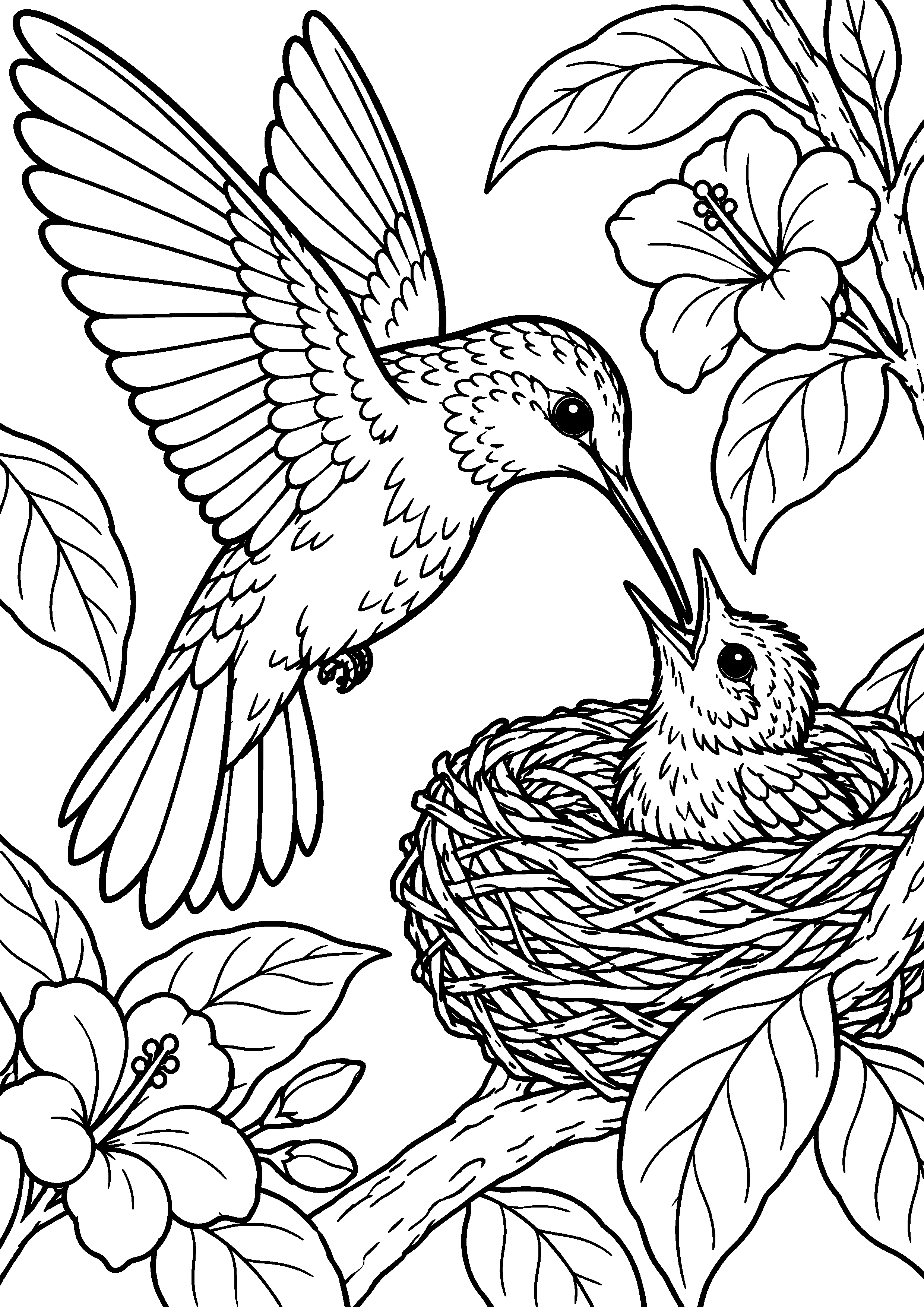 Grand coloriage d’un colibri parent avec son oisillon, contours noirs nets sur fond blanc