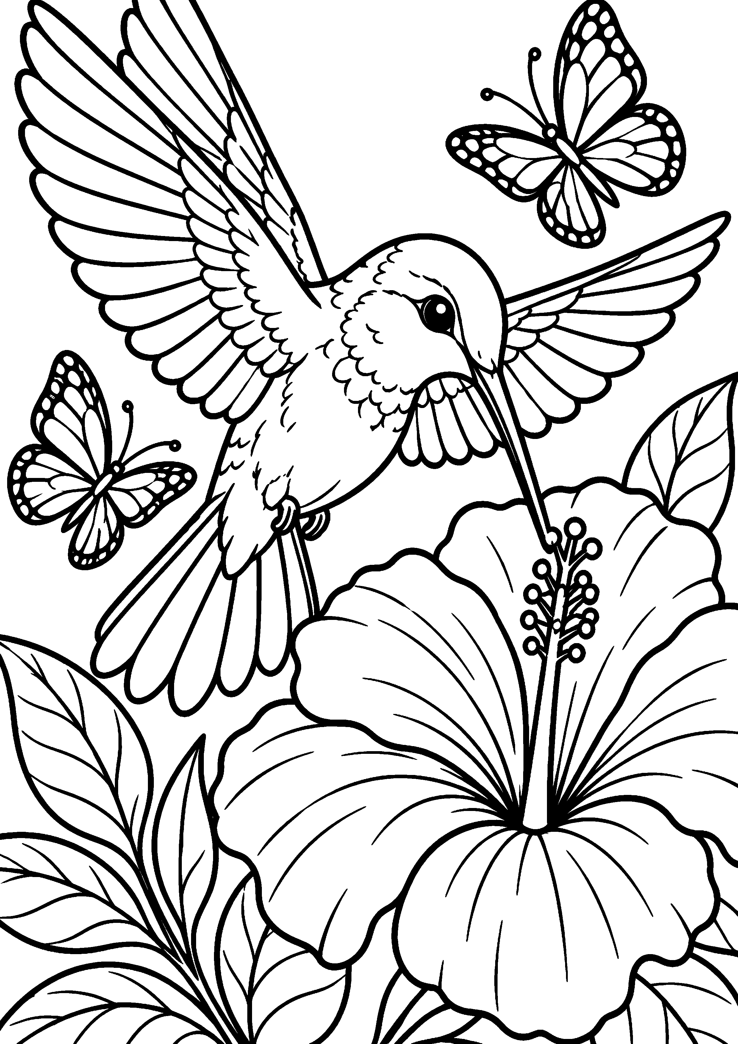 Grand coloriage d’un colibri observant des papillons, contours noirs nets sur fond blanc