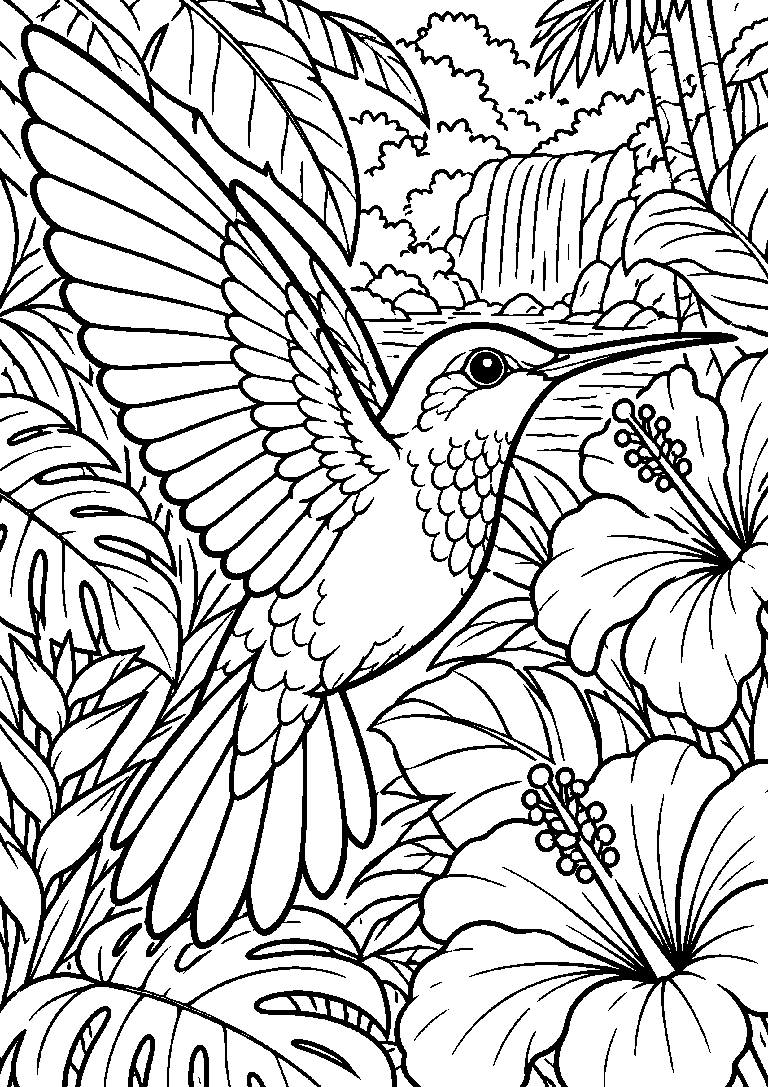 Grand coloriage d’un colibri dans une forêt tropicale, contours noirs nets sur fond blanc