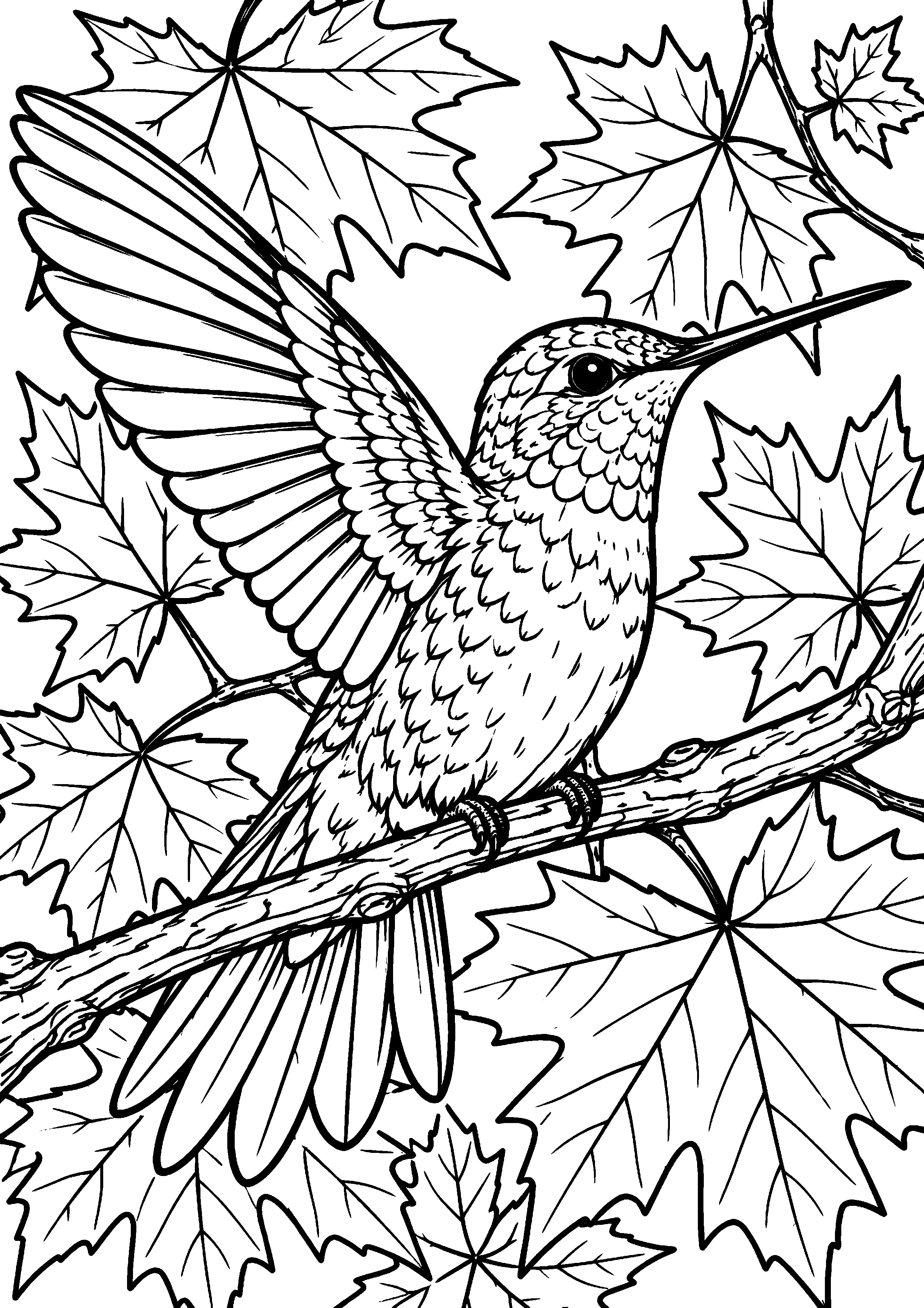 Grand coloriage d’un colibri parmi des feuilles d’automne, contours noirs nets sur fond blanc