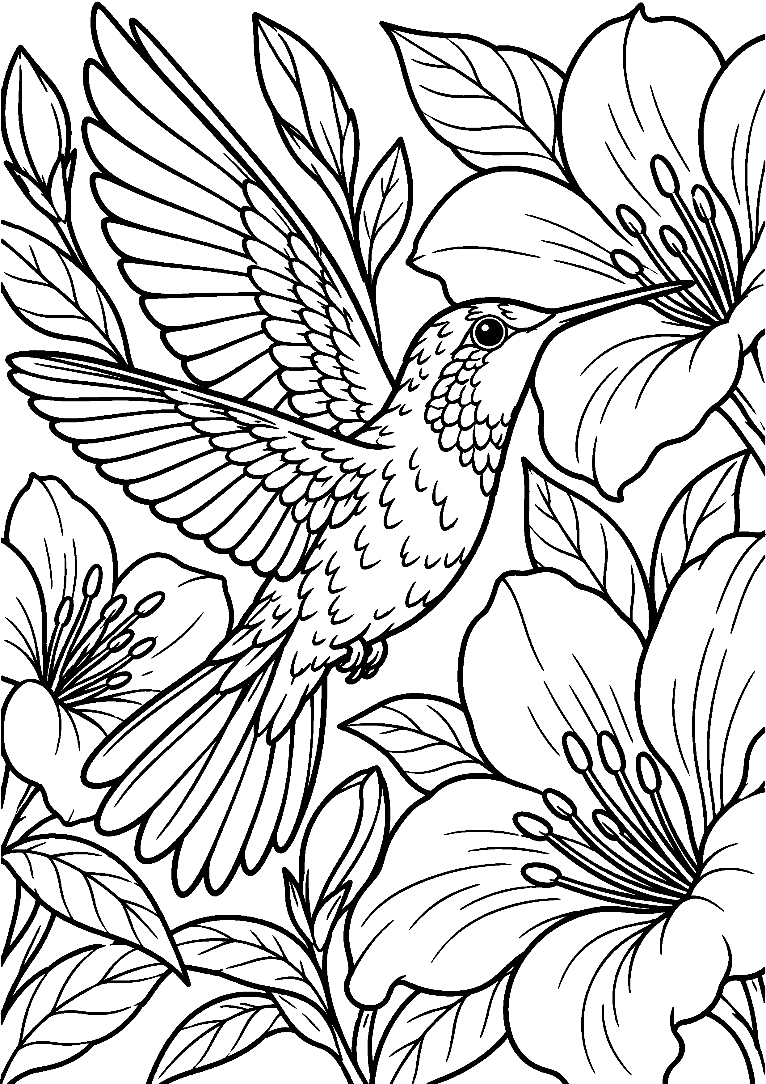 Grand coloriage d’un colibri entouré de fleurs printanières, contours noirs nets sur fond blanc