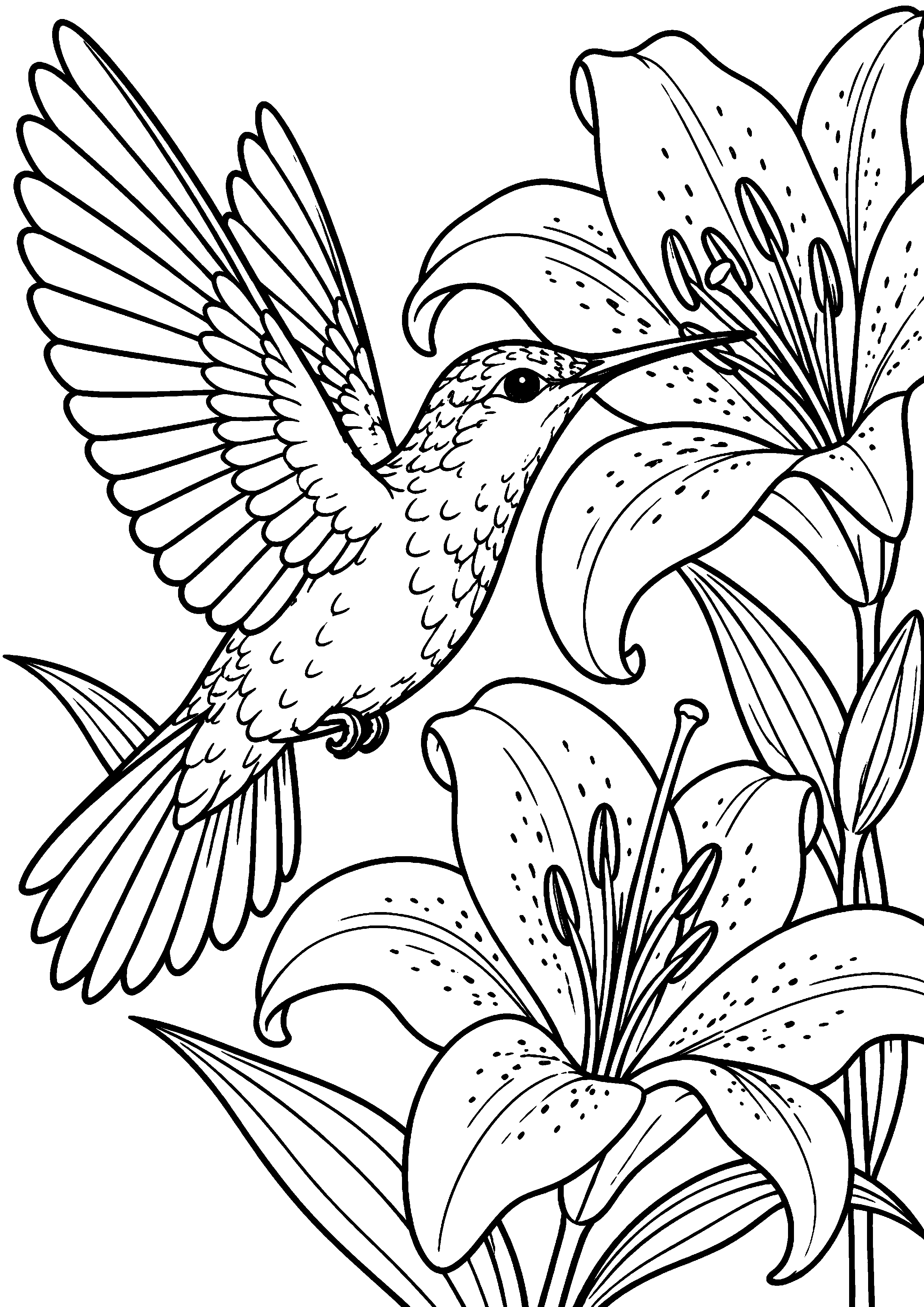 Grand coloriage d’un colibri buvant près d’un lys, contours noirs nets sur fond blanc