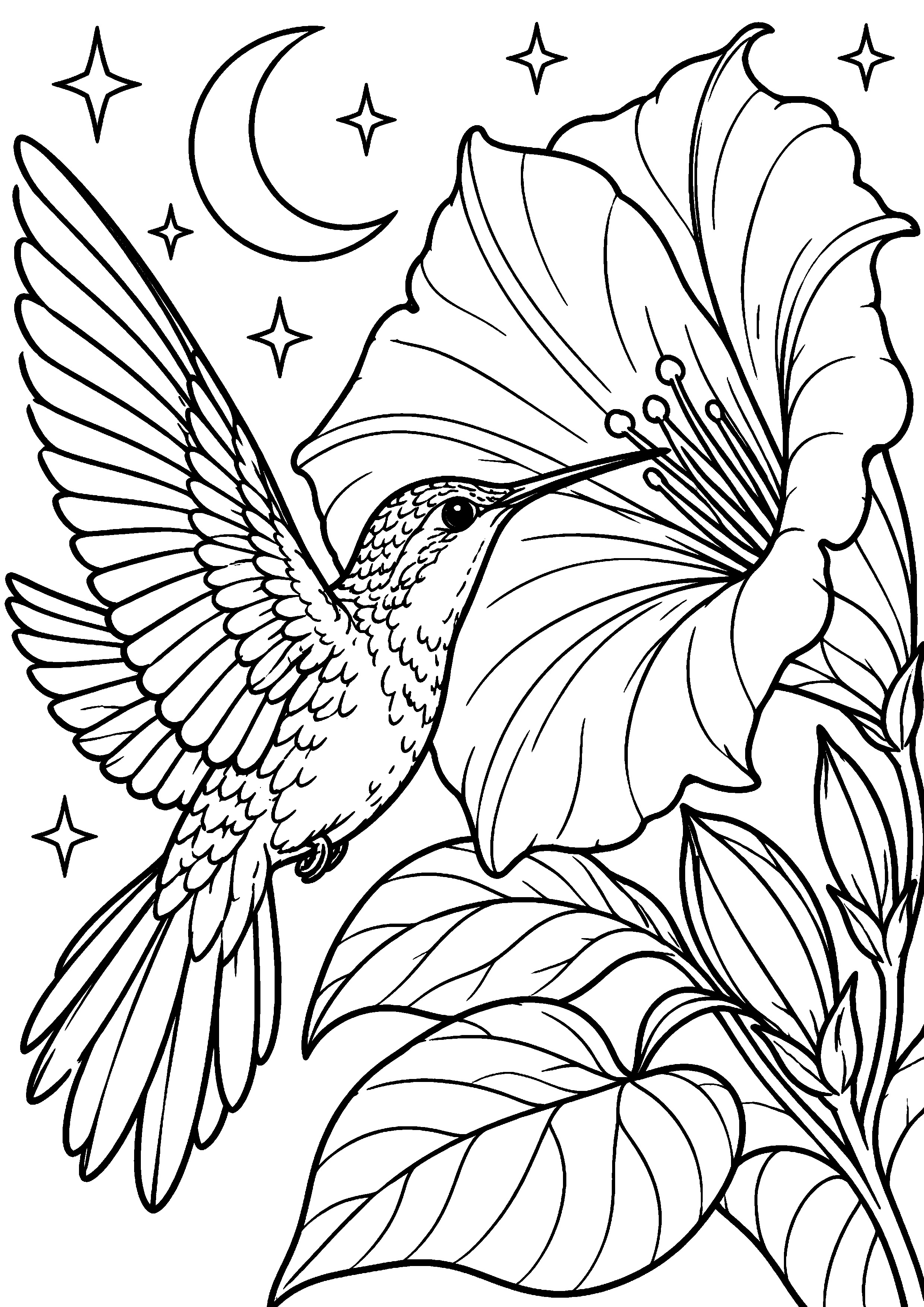 Grand coloriage d’un colibri près d’une grande fleur de lune, contours noirs nets sur fond blanc