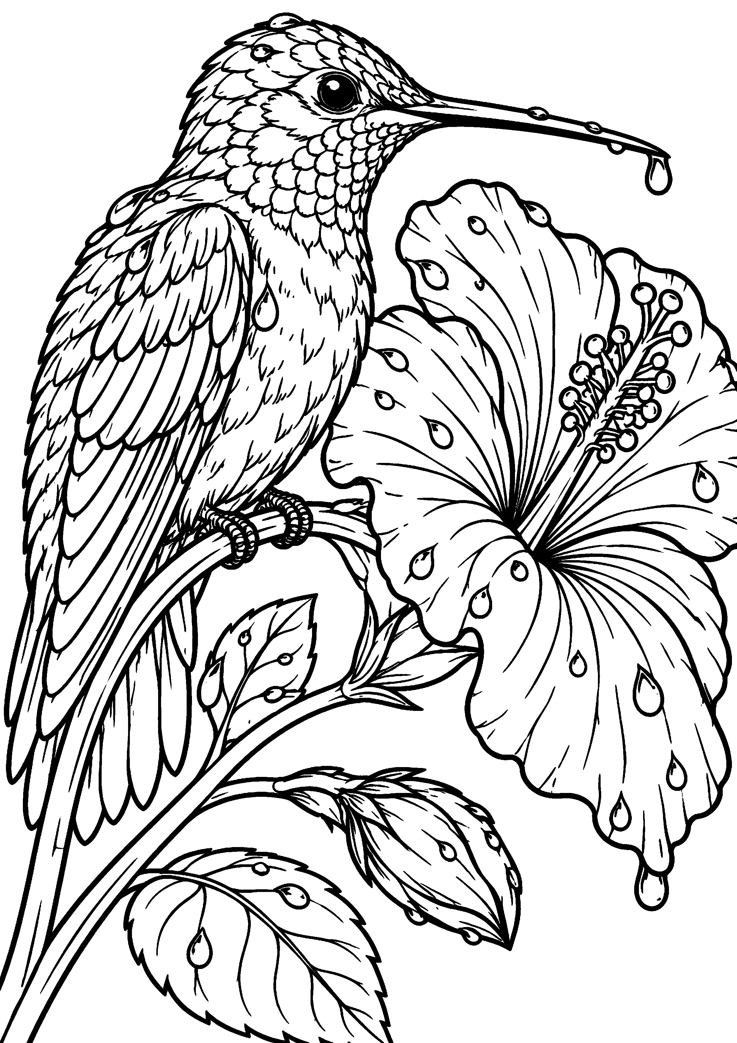 Grand coloriage d’un colibri au milieu de gouttes de rosée, contours noirs nets sur fond blanc