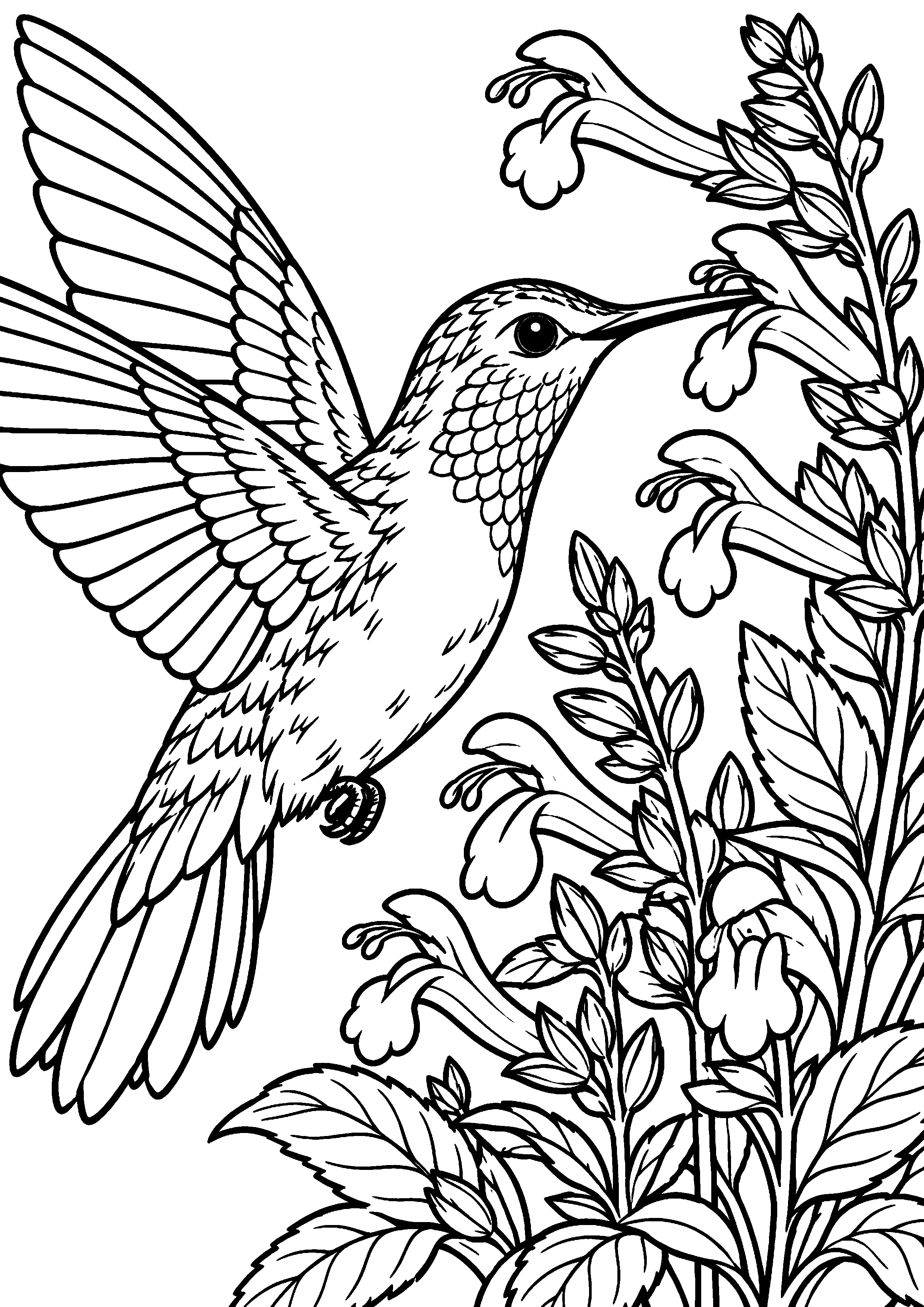 Grand coloriage d’un colibri près de fleurs de sauge, contours noirs nets sur fond blanc