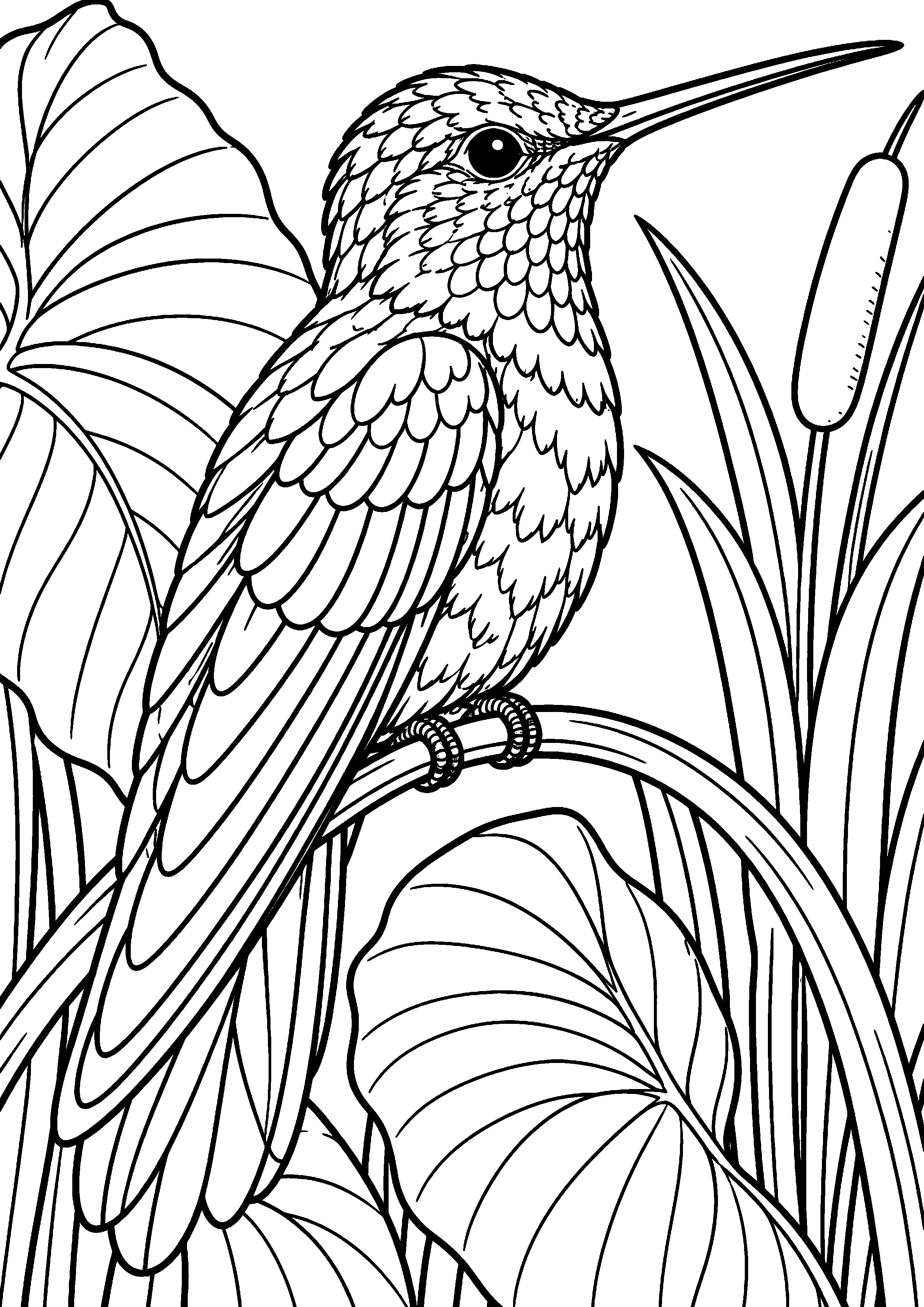 Grand coloriage d’un colibri se reposant sur un roseau, contours noirs nets sur fond blanc