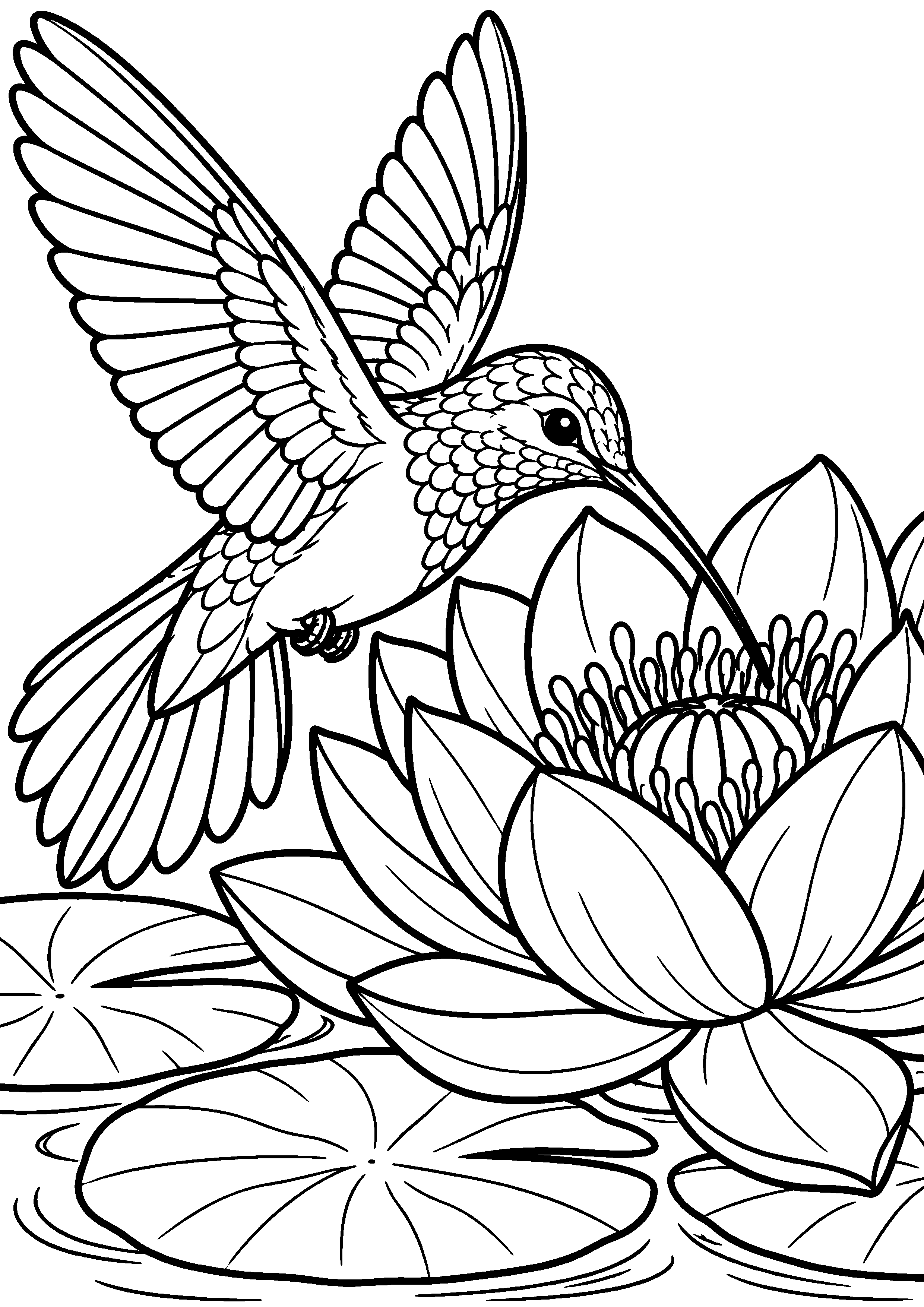 Grand coloriage d’un colibri survolant une fleur de lotus, contours noirs nets sur fond blanc