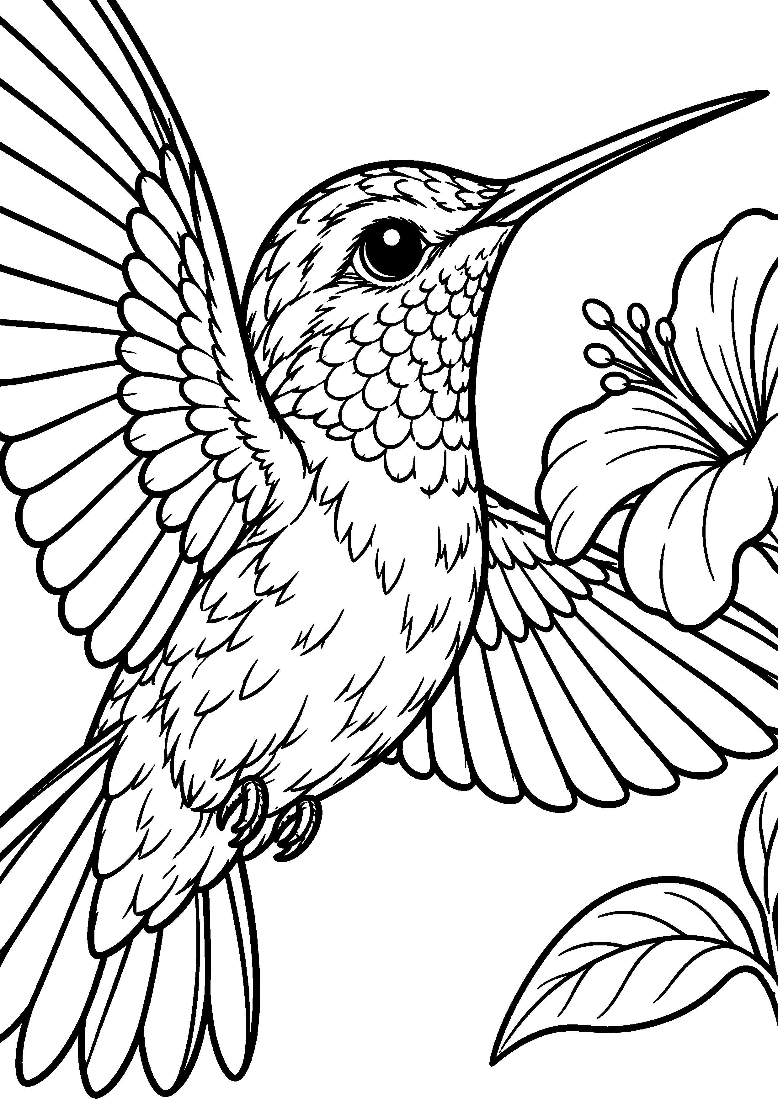 Grand coloriage d’un colibri en très gros plan, contours noirs nets sur fond blanc