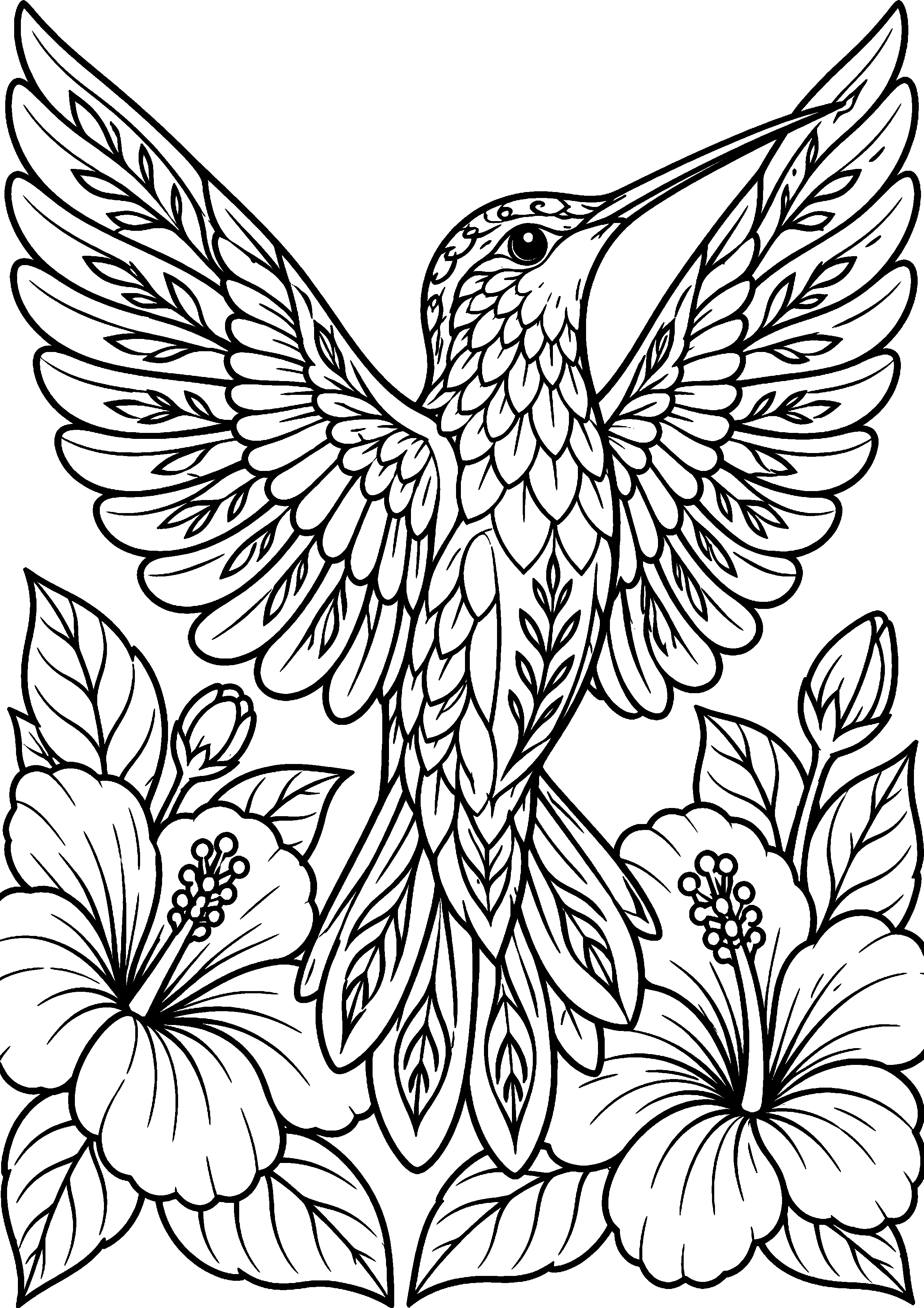 Grand coloriage d’un colibri entouré de plumes décoratives, contours noirs nets sur fond blanc