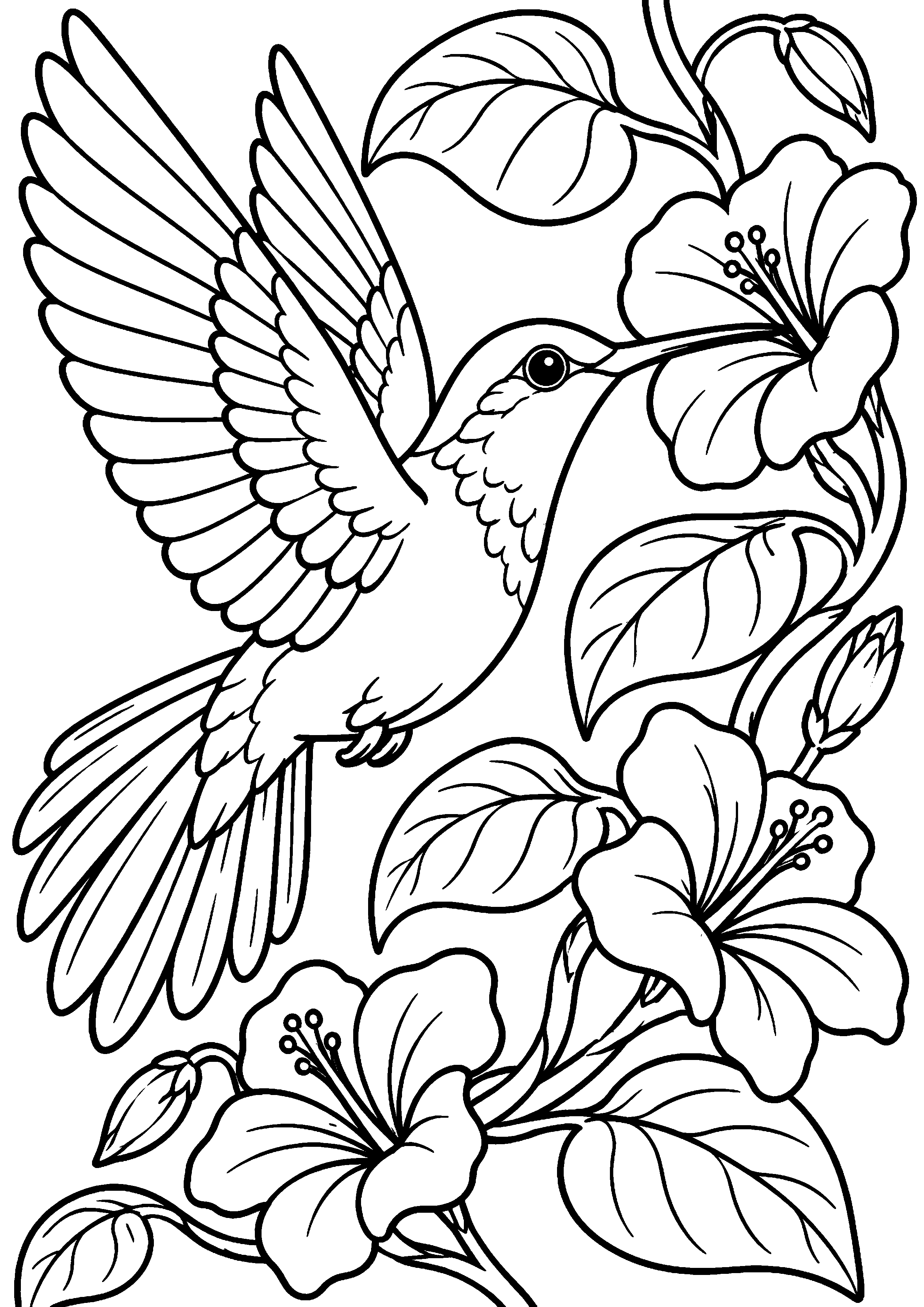 Grand coloriage d’un colibri posé sur une liane fleurie, contours noirs nets sur fond blanc