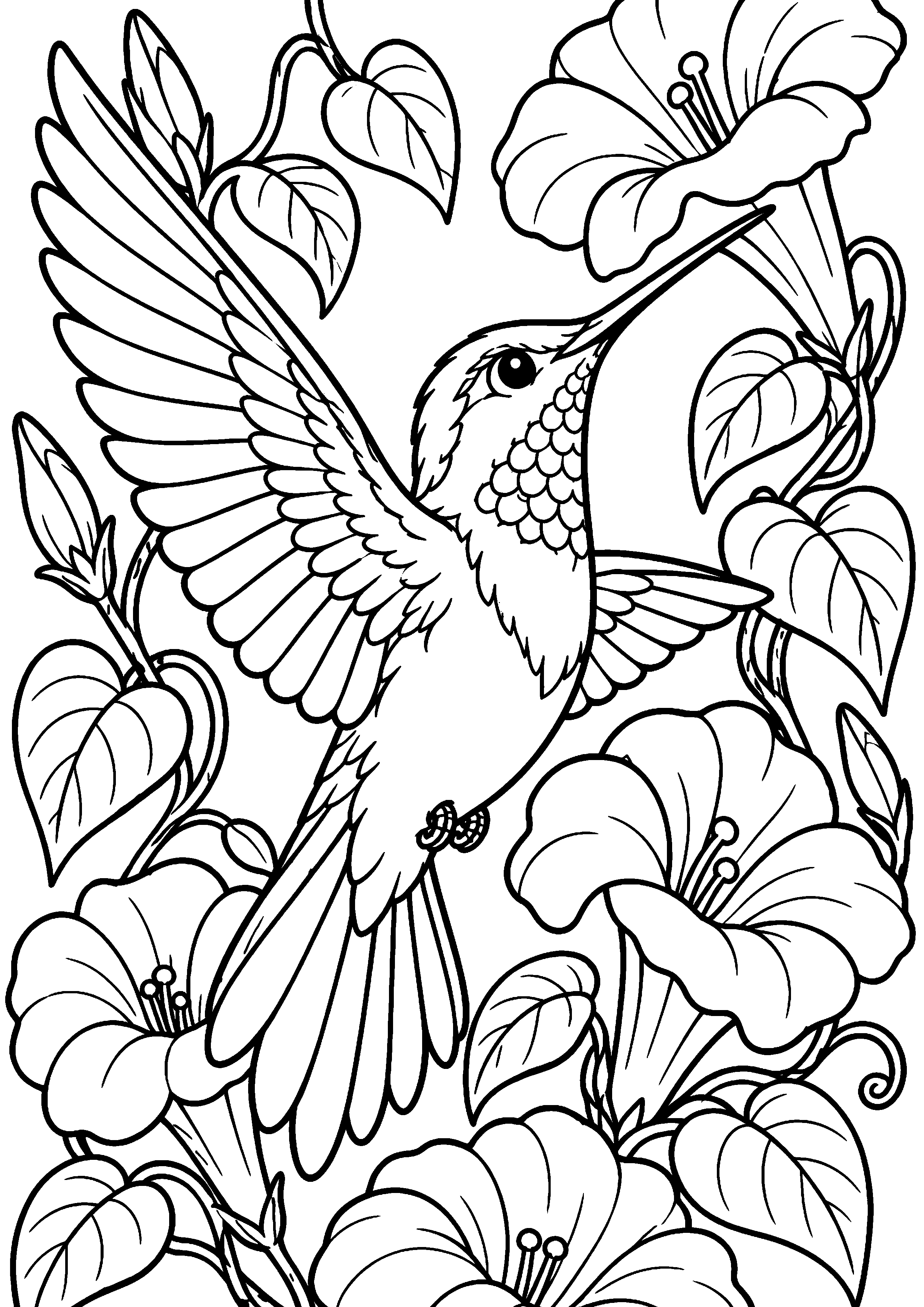 Grand coloriage d’un colibri devant des fleurs grimpantes, contours noirs nets sur fond blanc