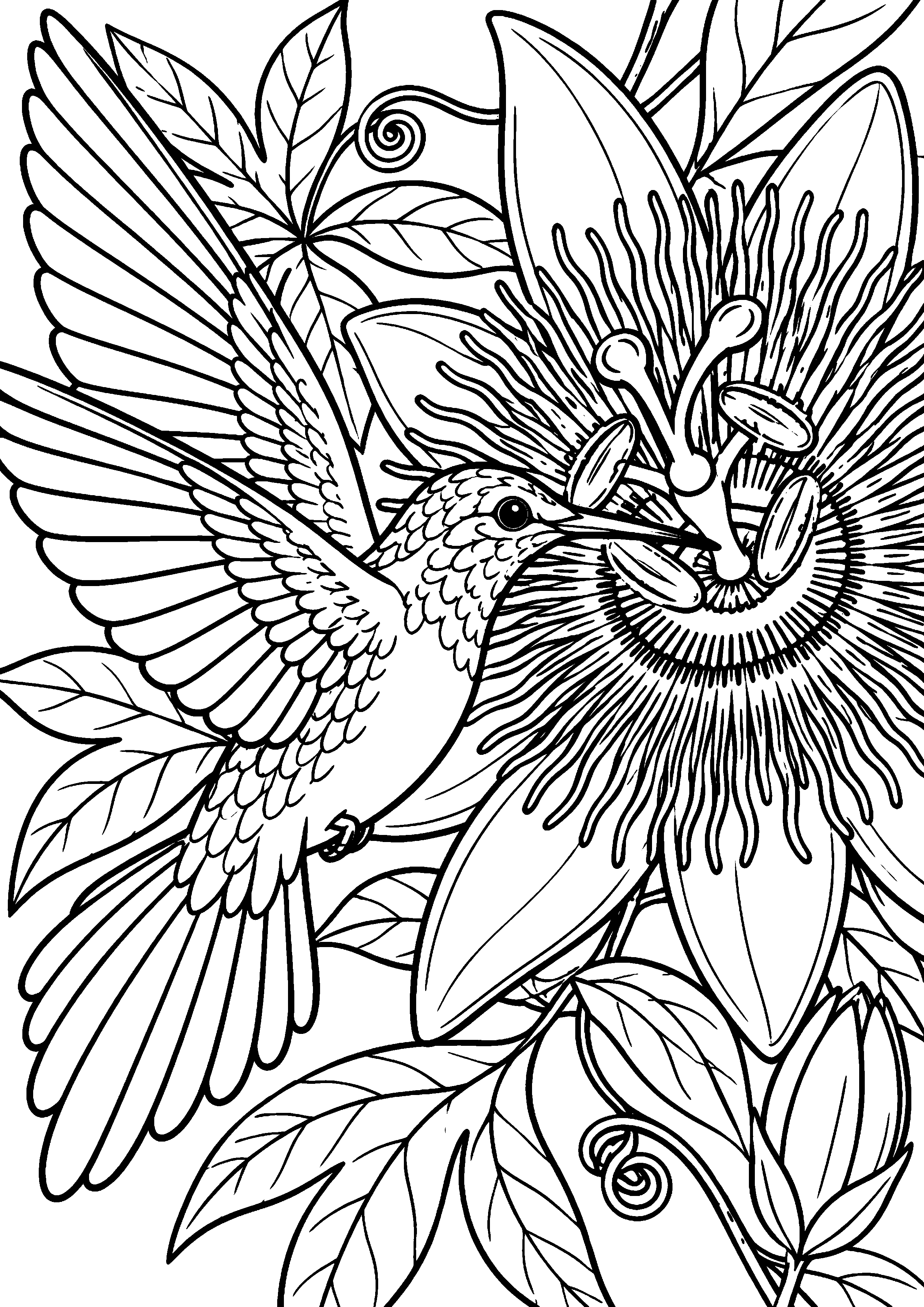 Grand coloriage d’un colibri buvant près d’une grande passiflore, contours noirs nets sur fond blanc
