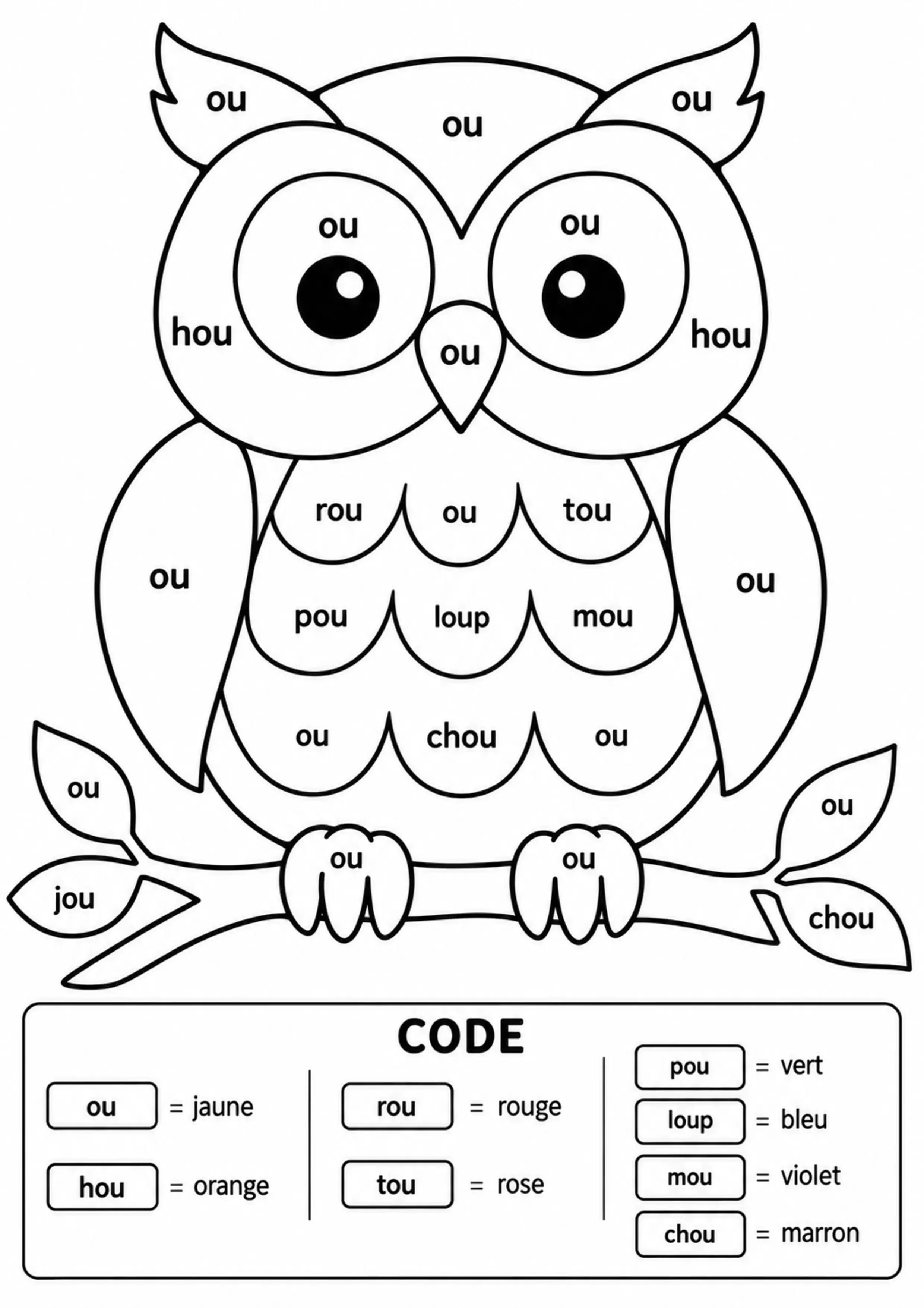 Coloriage son OU dans un hibou à imprimer