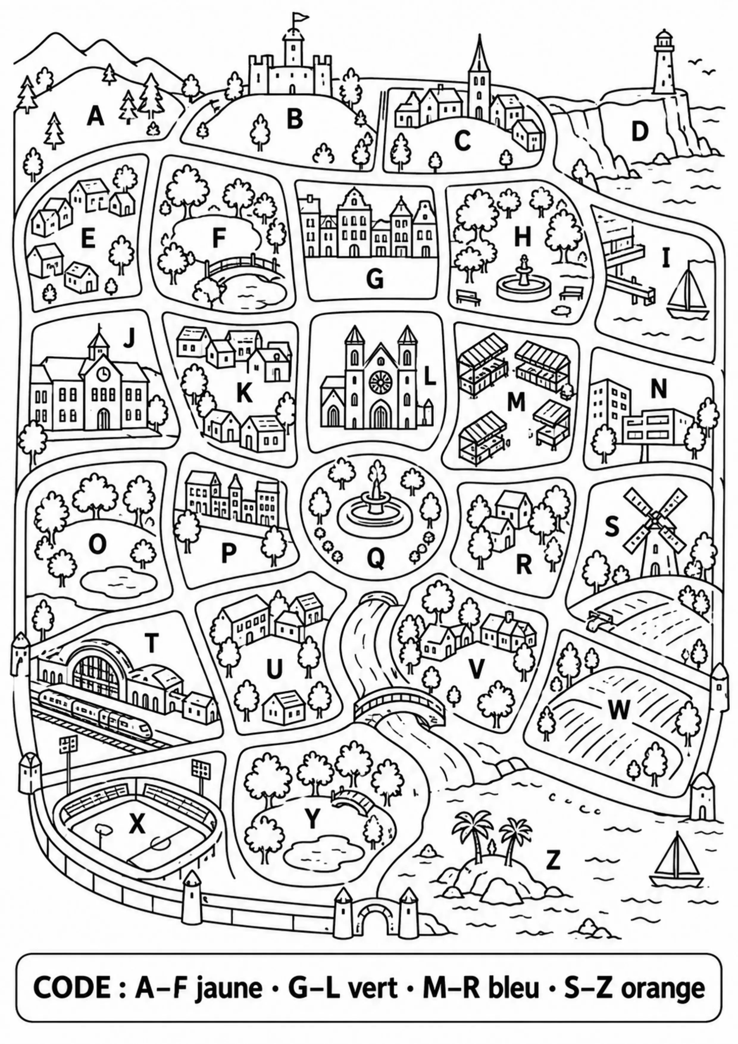 Coloriage alphabet codé dans une ville à imprimer