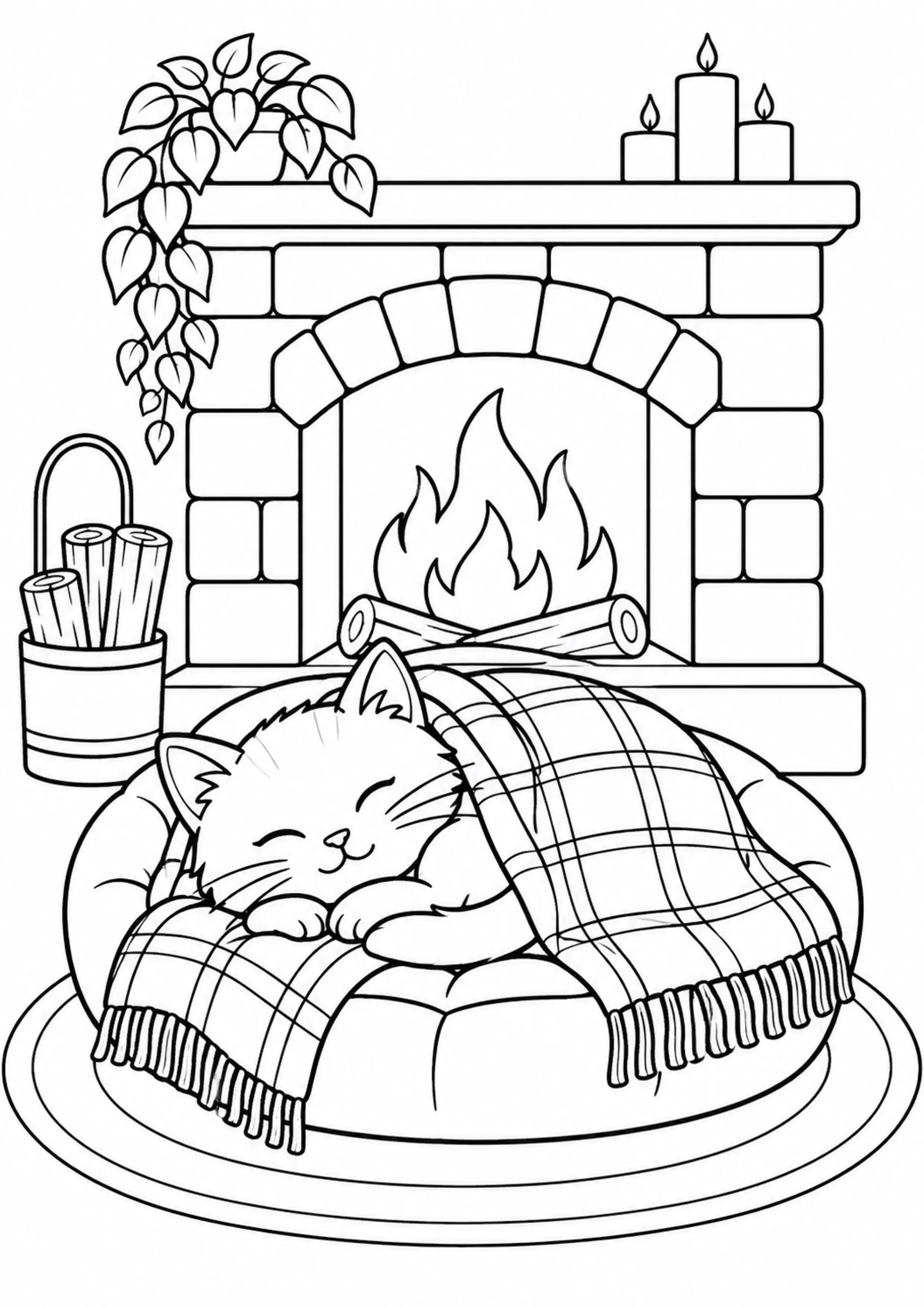 Coloriage chat original sous un plaid près d’une cheminée à imprimer