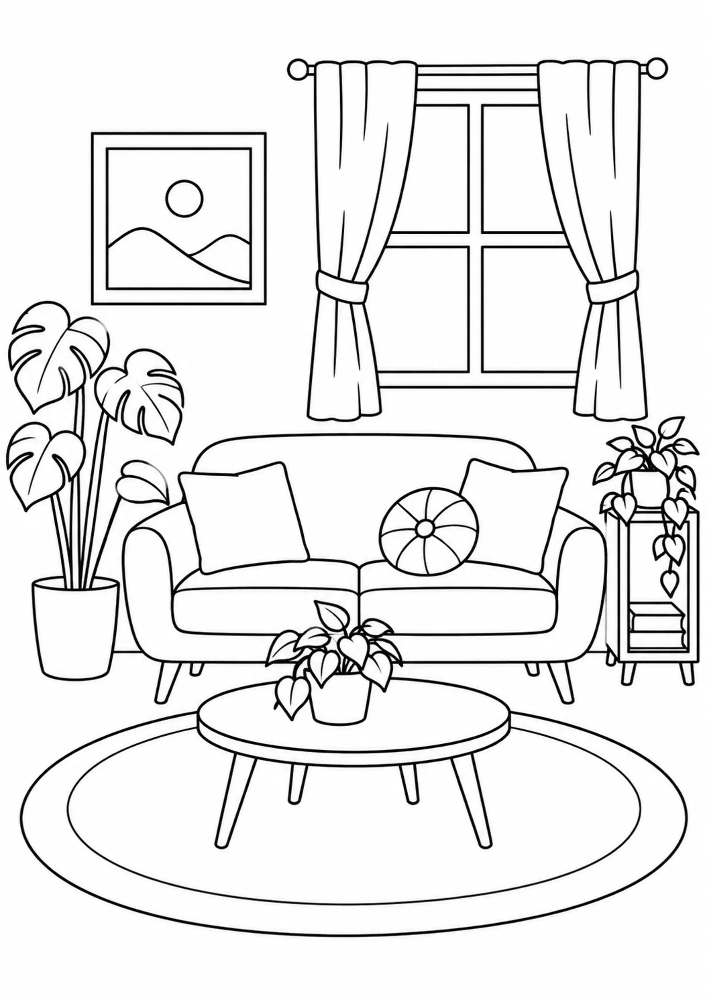 Coloriage petit salon avec plantes et coussins à imprimer