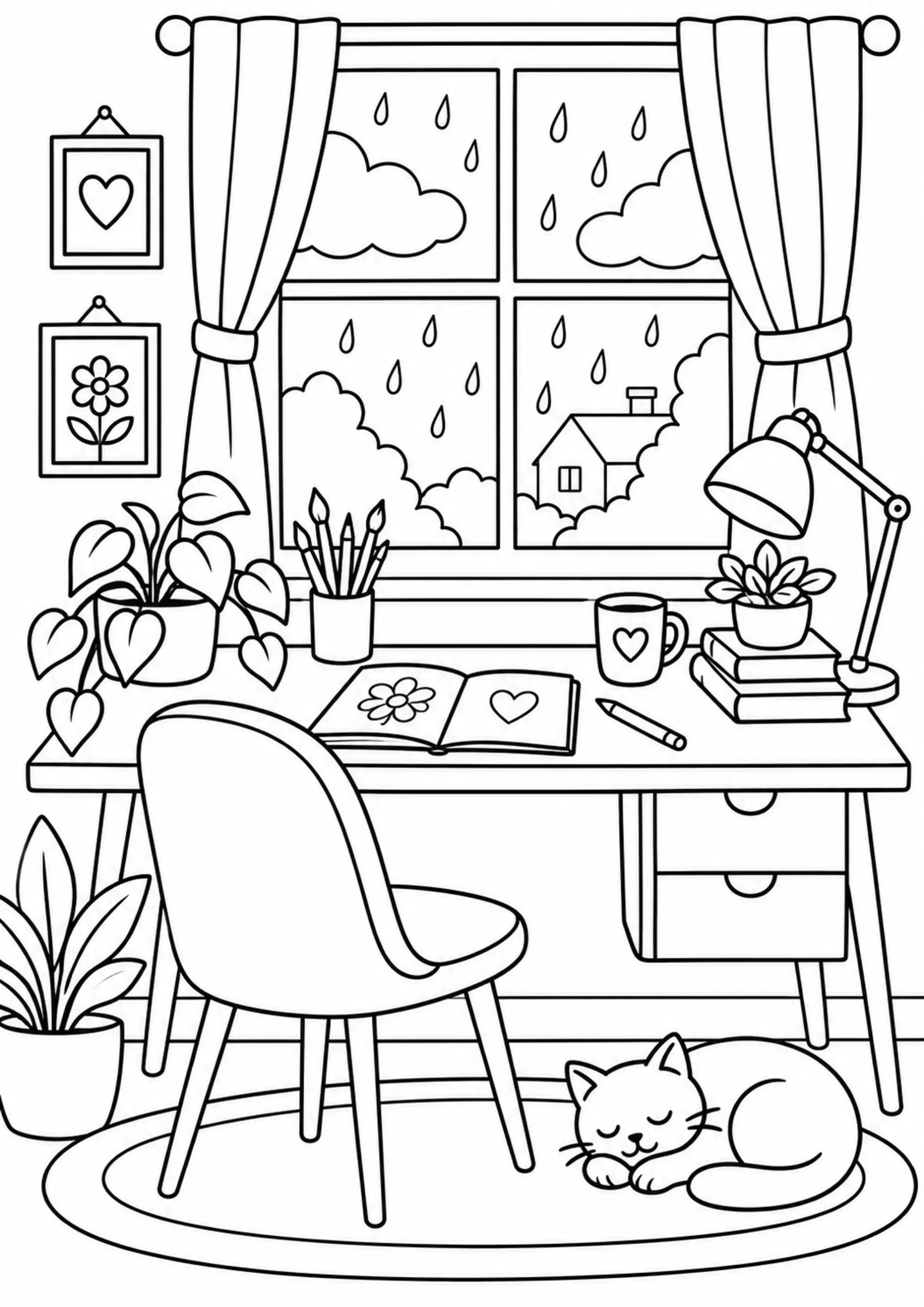 Coloriage bureau créatif sous une fenêtre pluvieuse à imprimer