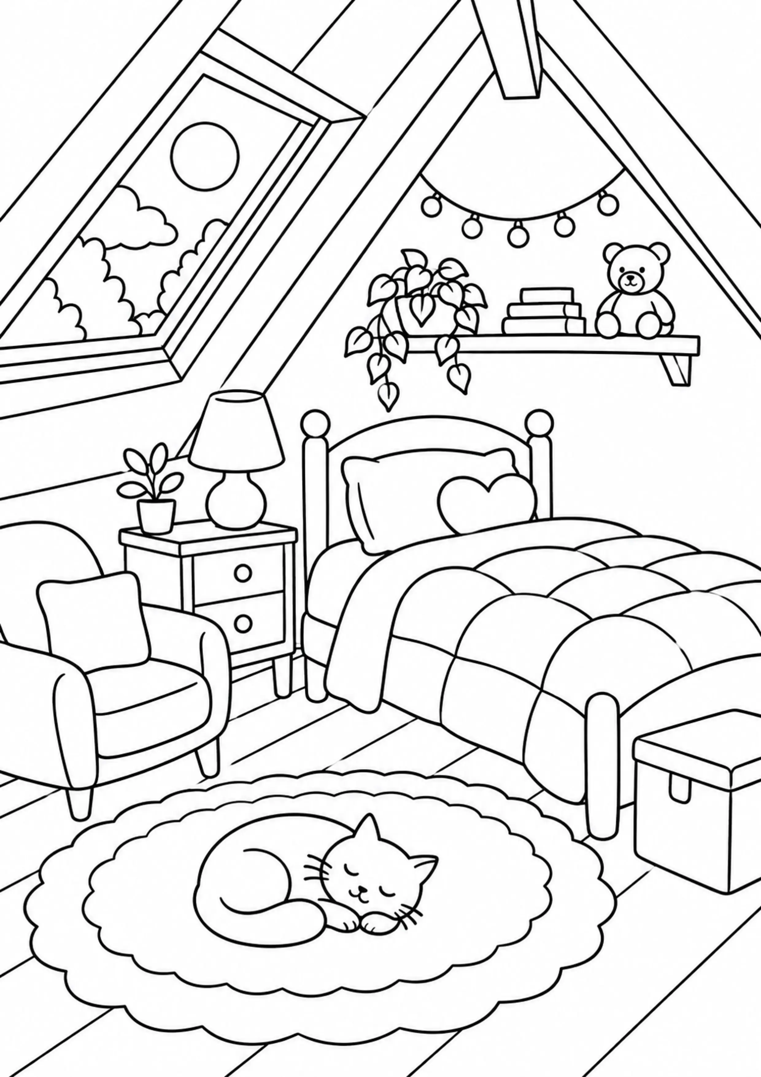 Coloriage chambre mansardée douillette à imprimer