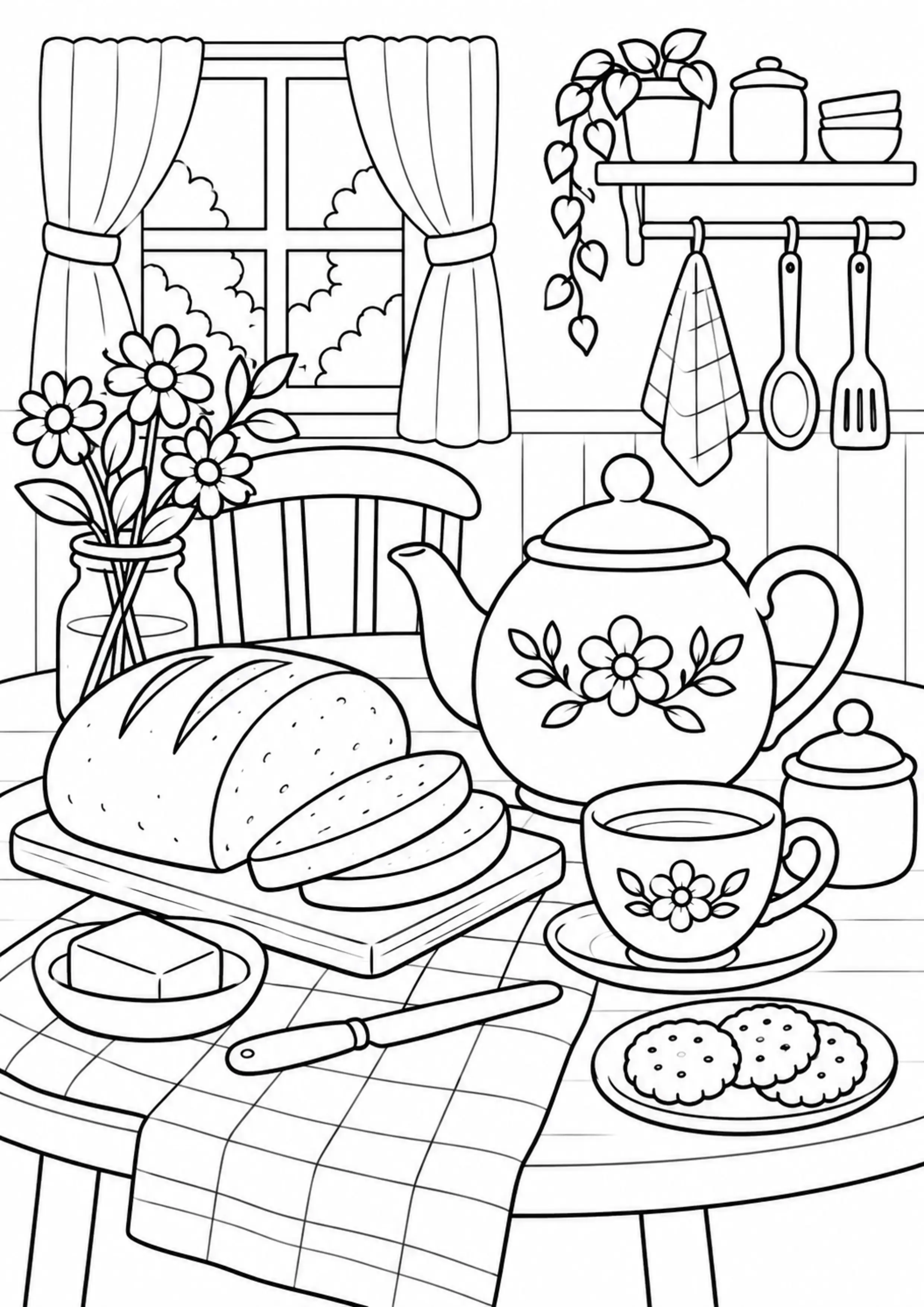 Coloriage cuisine avec pain et théière à imprimer