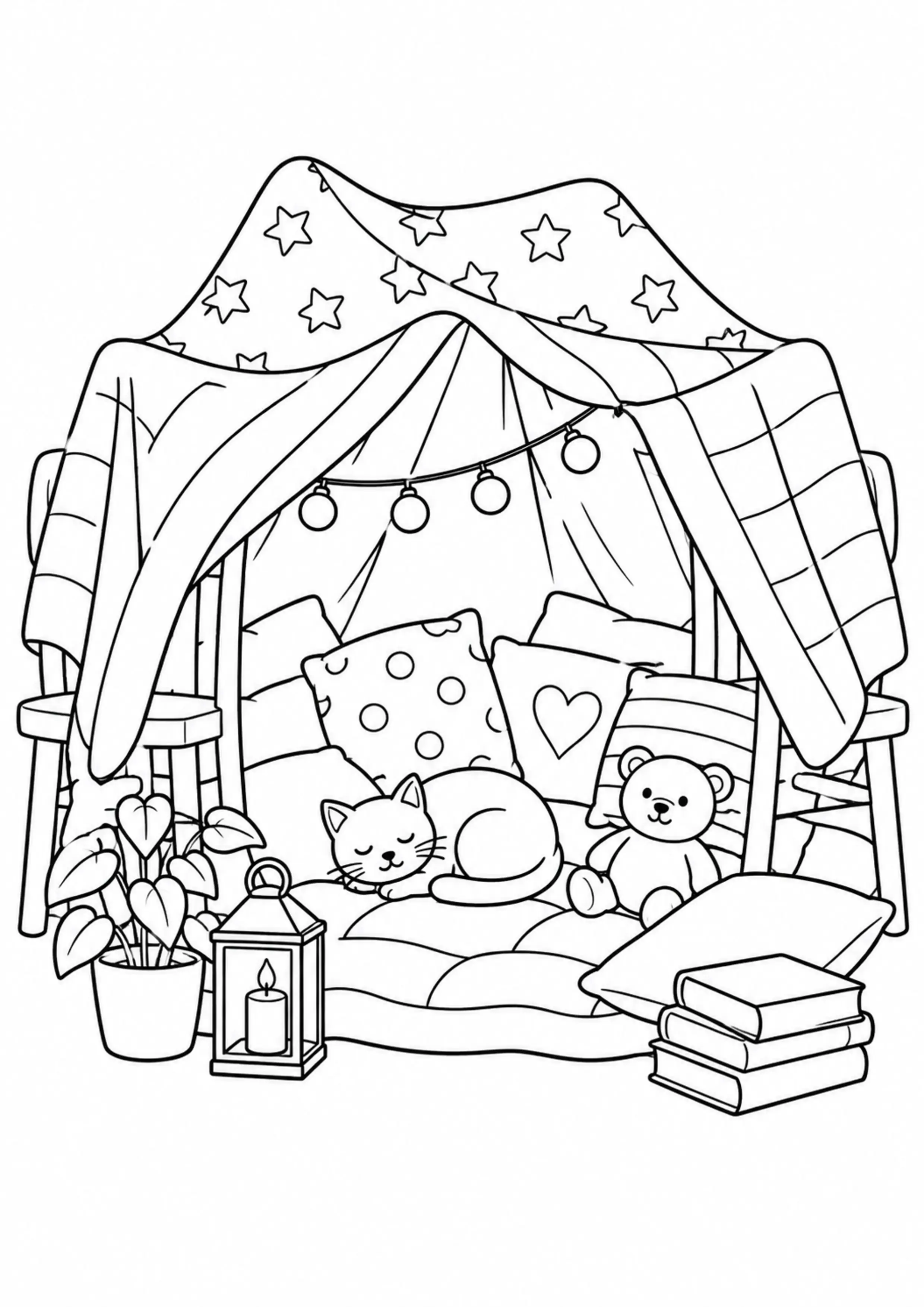 Coloriage cabane intérieure faite de couvertures à imprimer