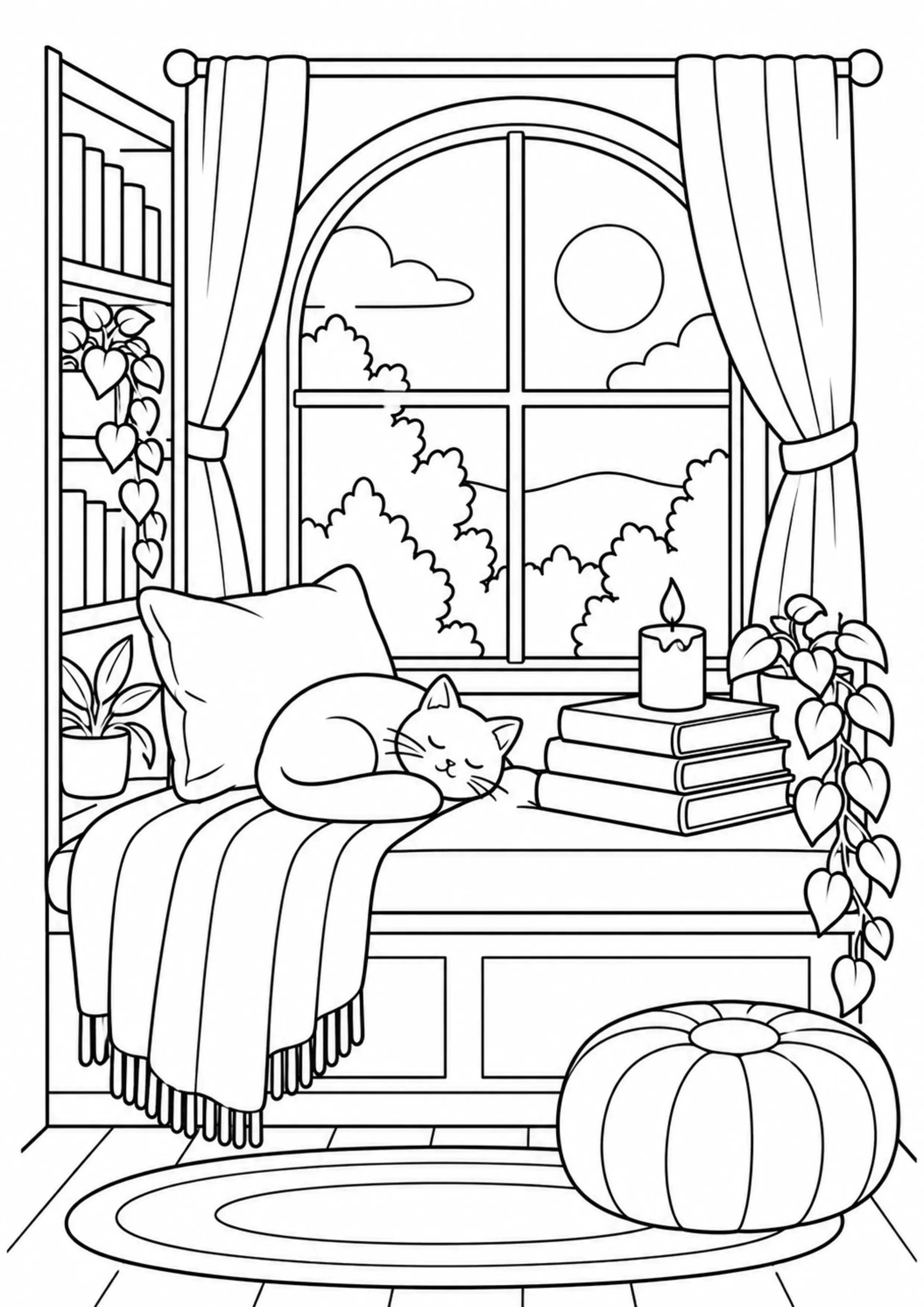 Coloriage coin fenêtre avec livres et bougie à imprimer