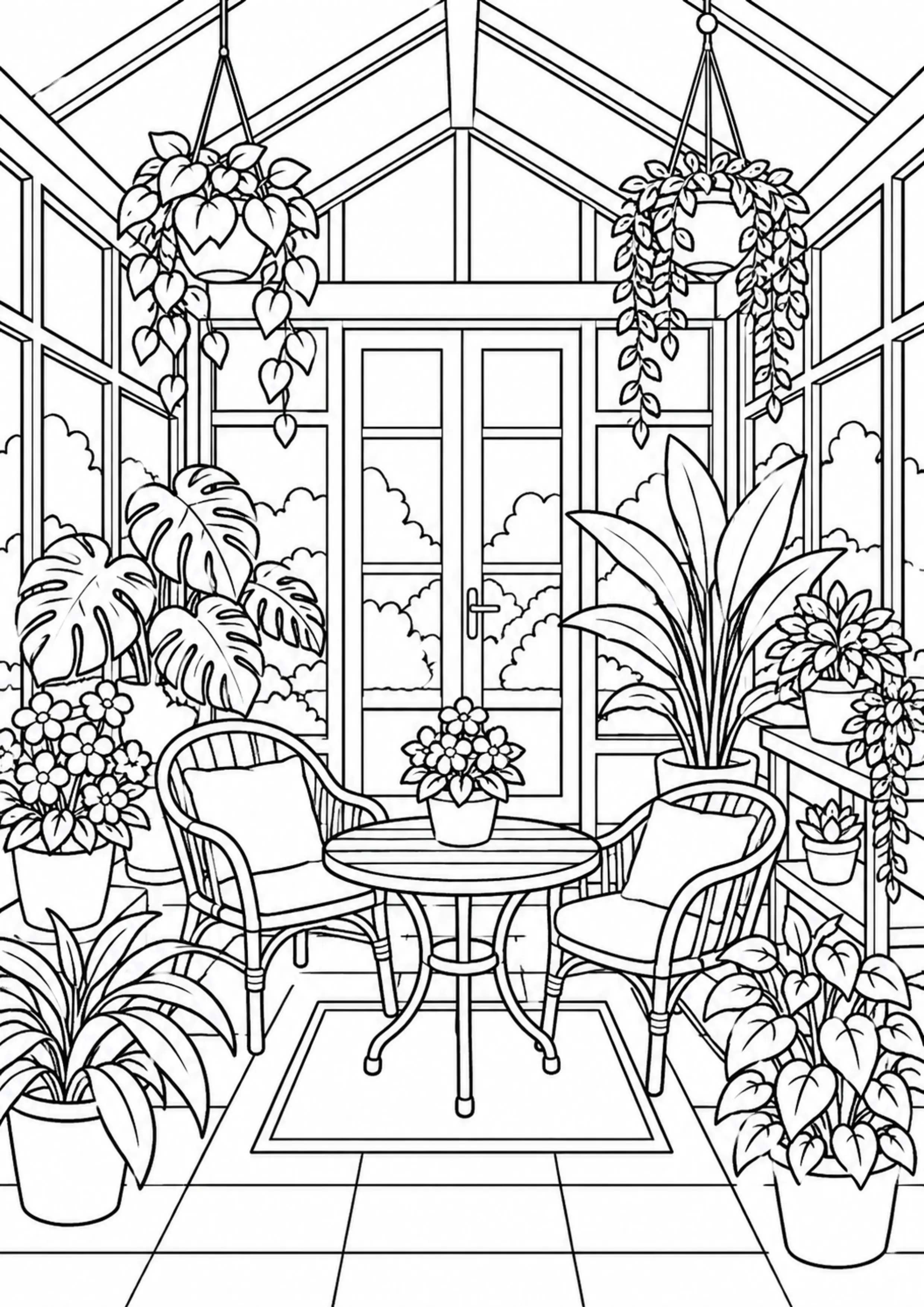 Coloriage véranda remplie de plantes à imprimer