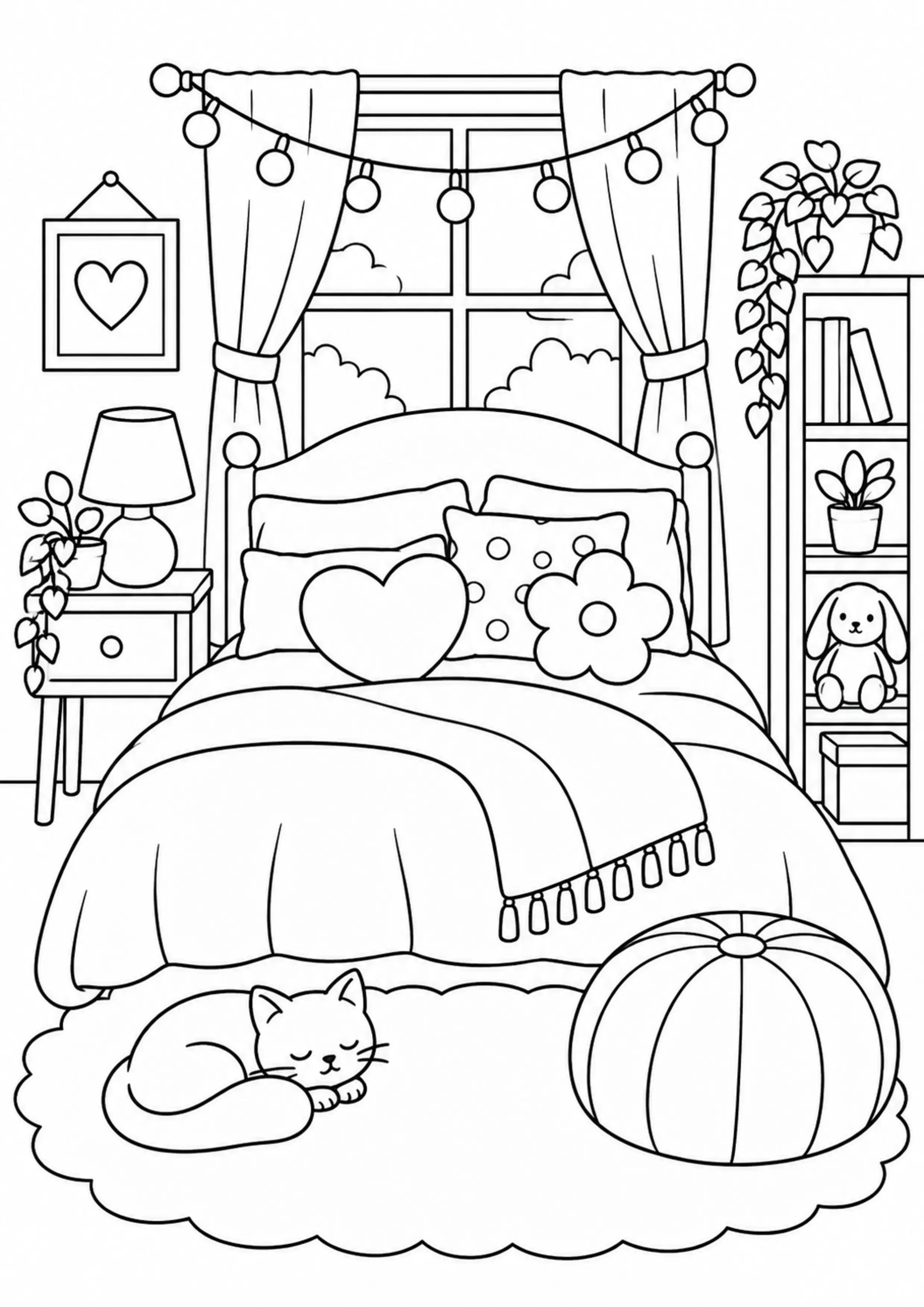 Coloriage chambre avec guirlande et coussins à imprimer