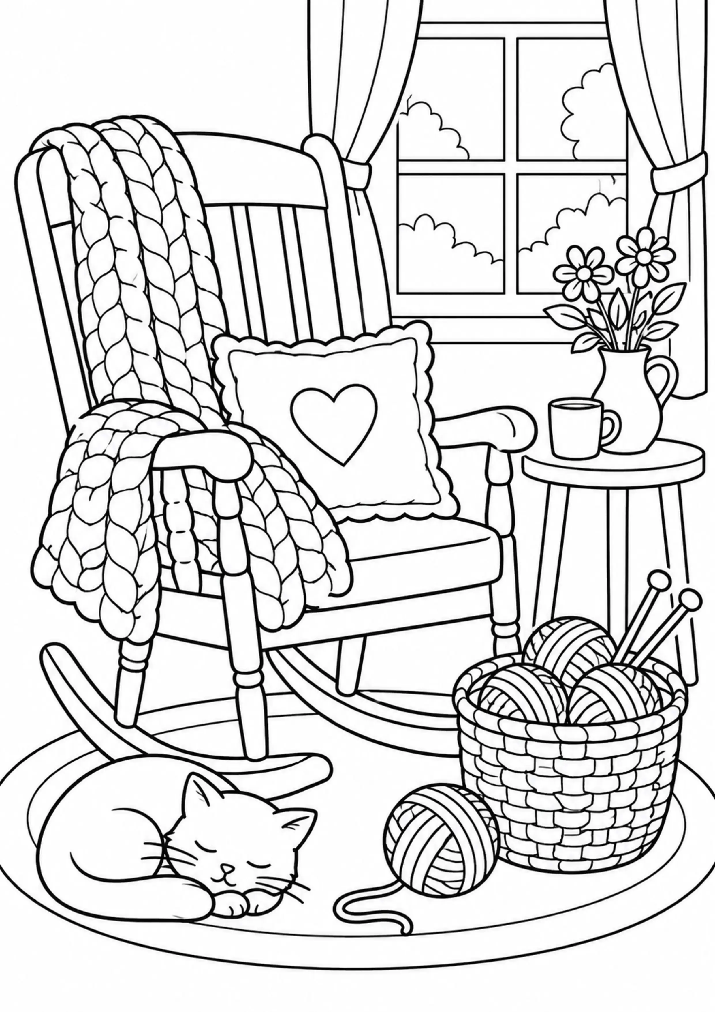 Coloriage fauteuil à bascule et panier de laine à imprimer