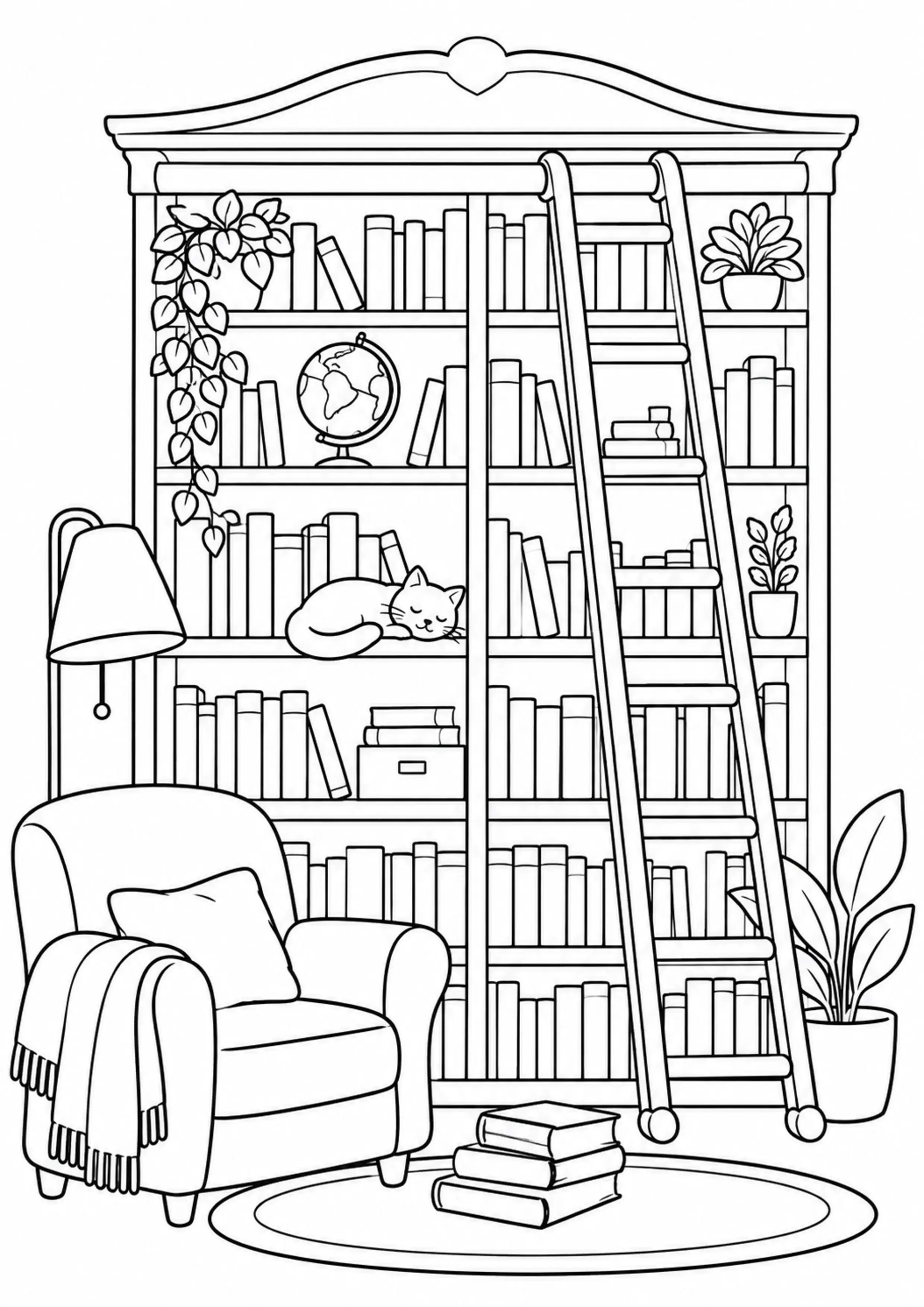 Coloriage bibliothèque avec échelle à imprimer