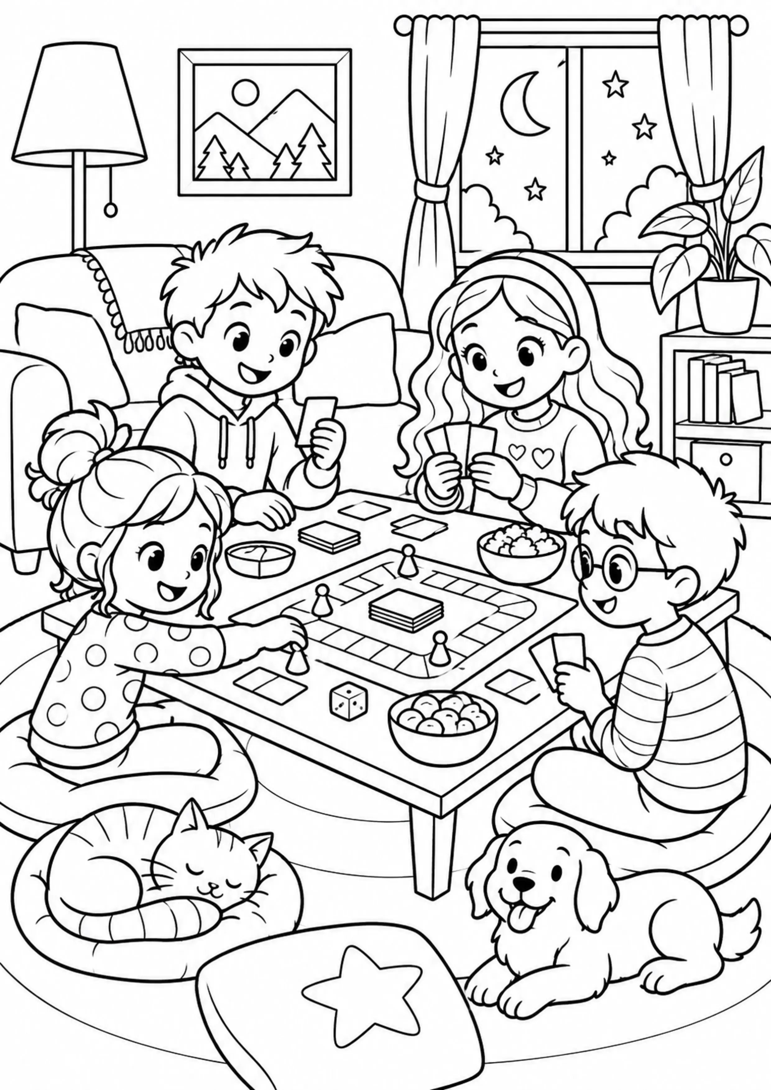Coloriage soirée jeux de société à imprimer
