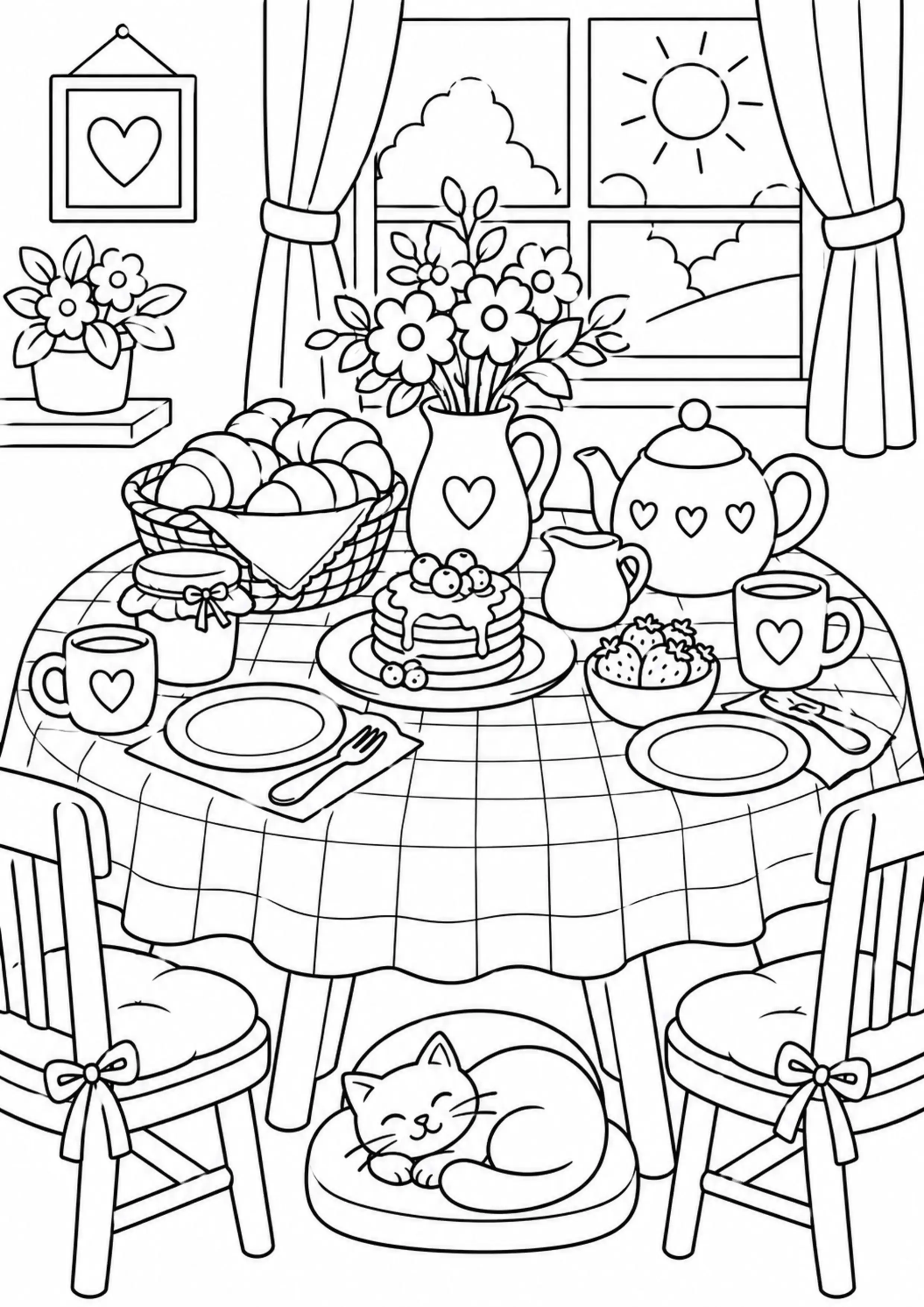 Coloriage table de petit-déjeuner cosy à imprimer