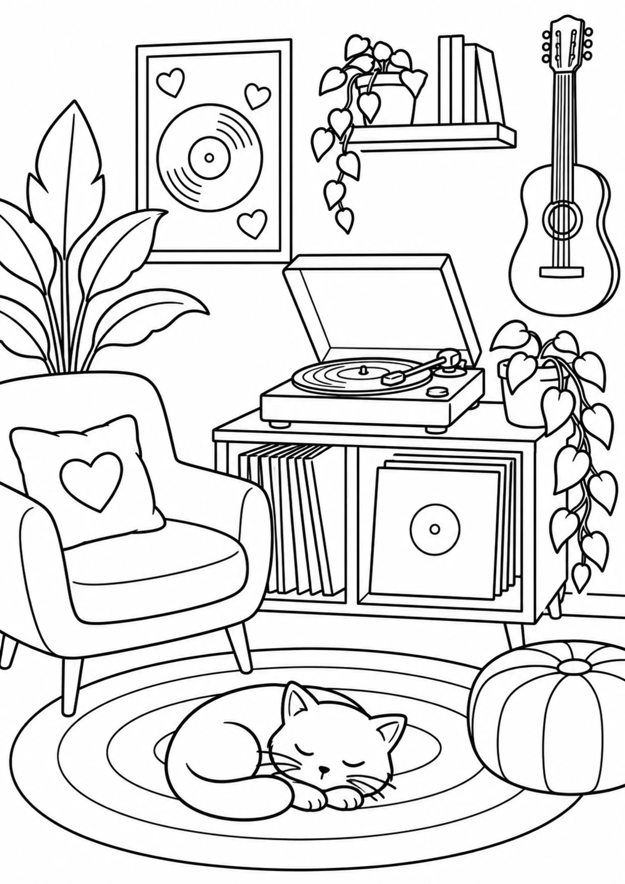 Coloriage coin musique avec tourne-disque générique à imprimer