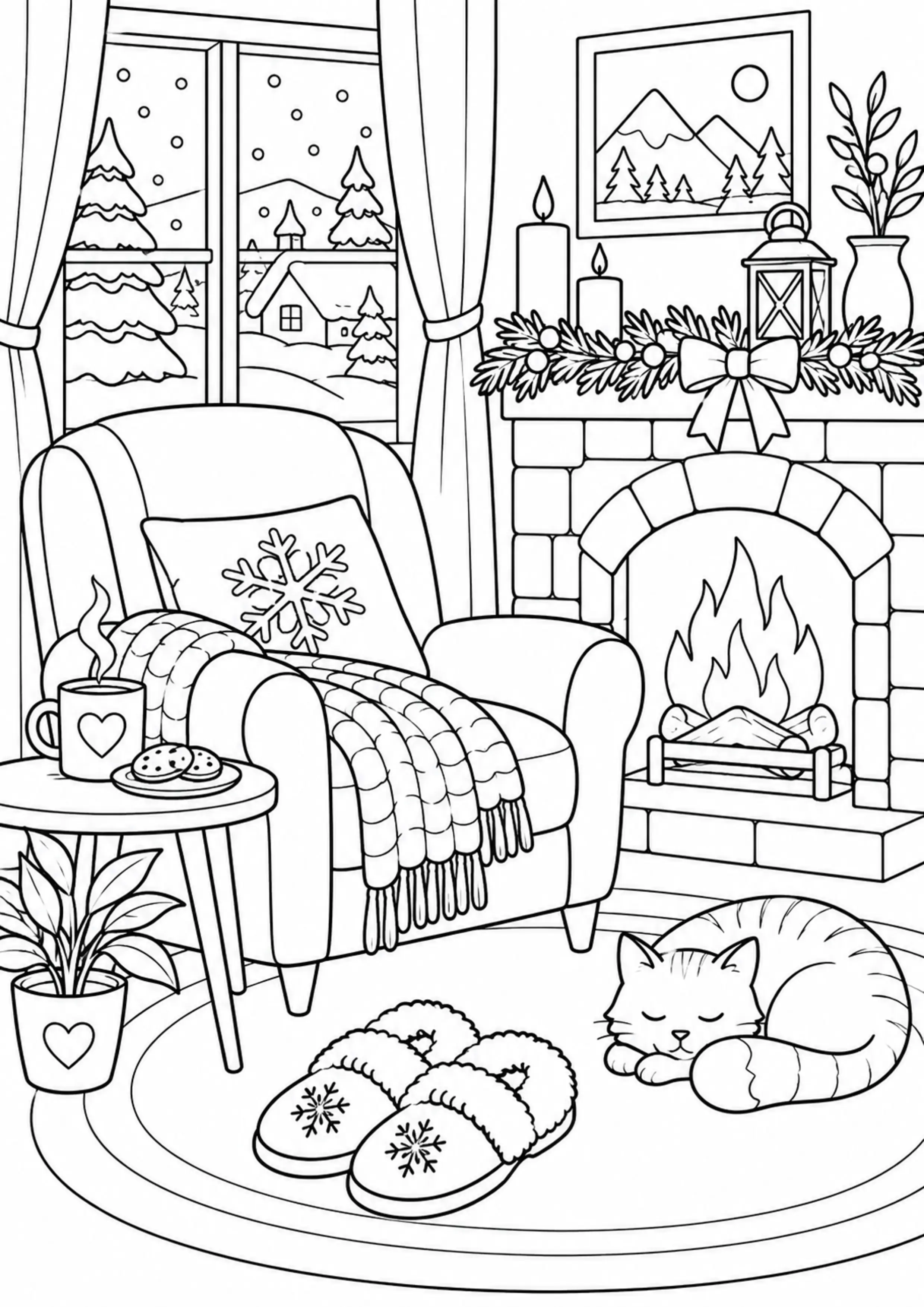 Coloriage salon d’hiver avec chaussons à imprimer