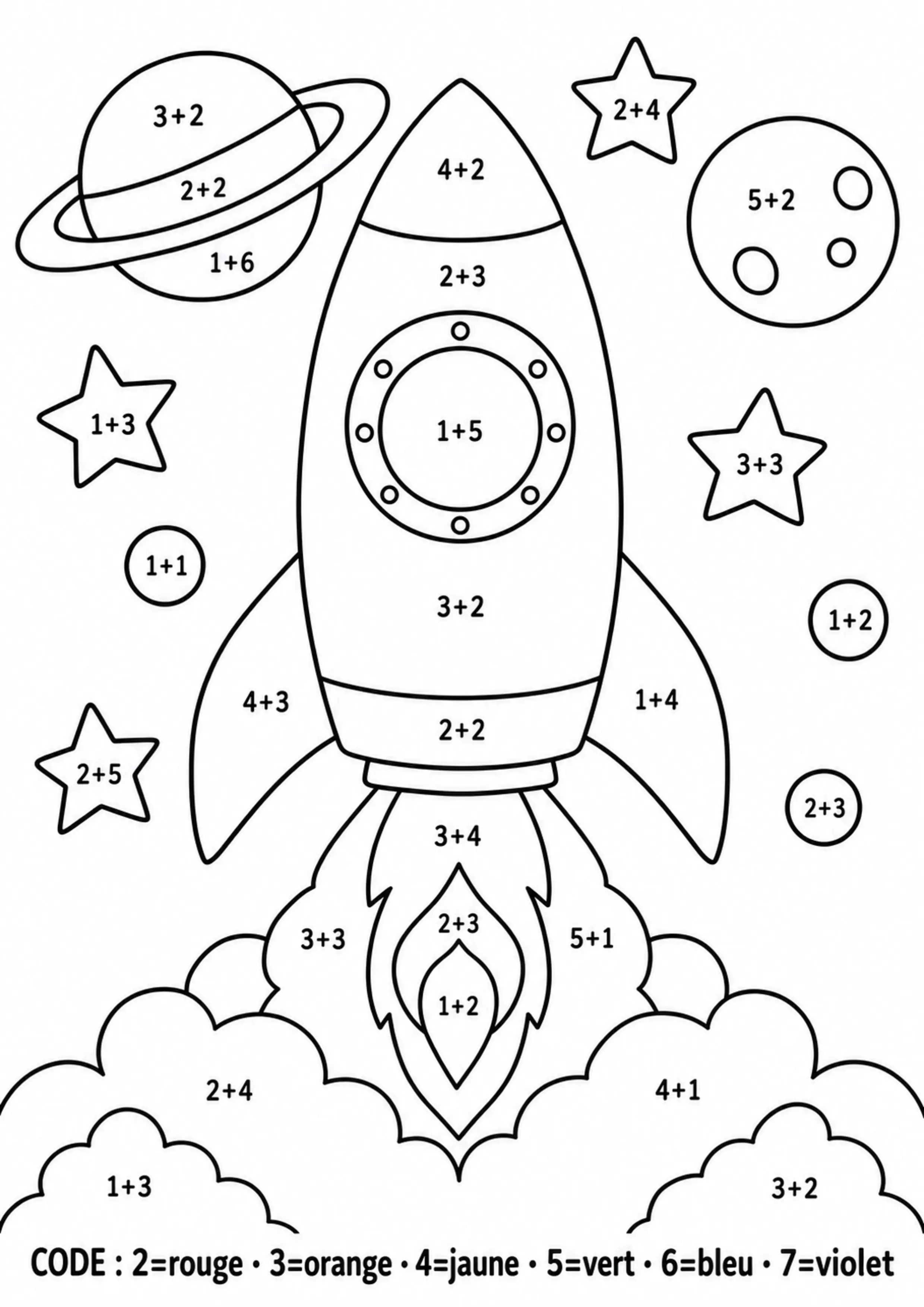 Coloriage fusée révélée par additions jusqu’à 10 à imprimer