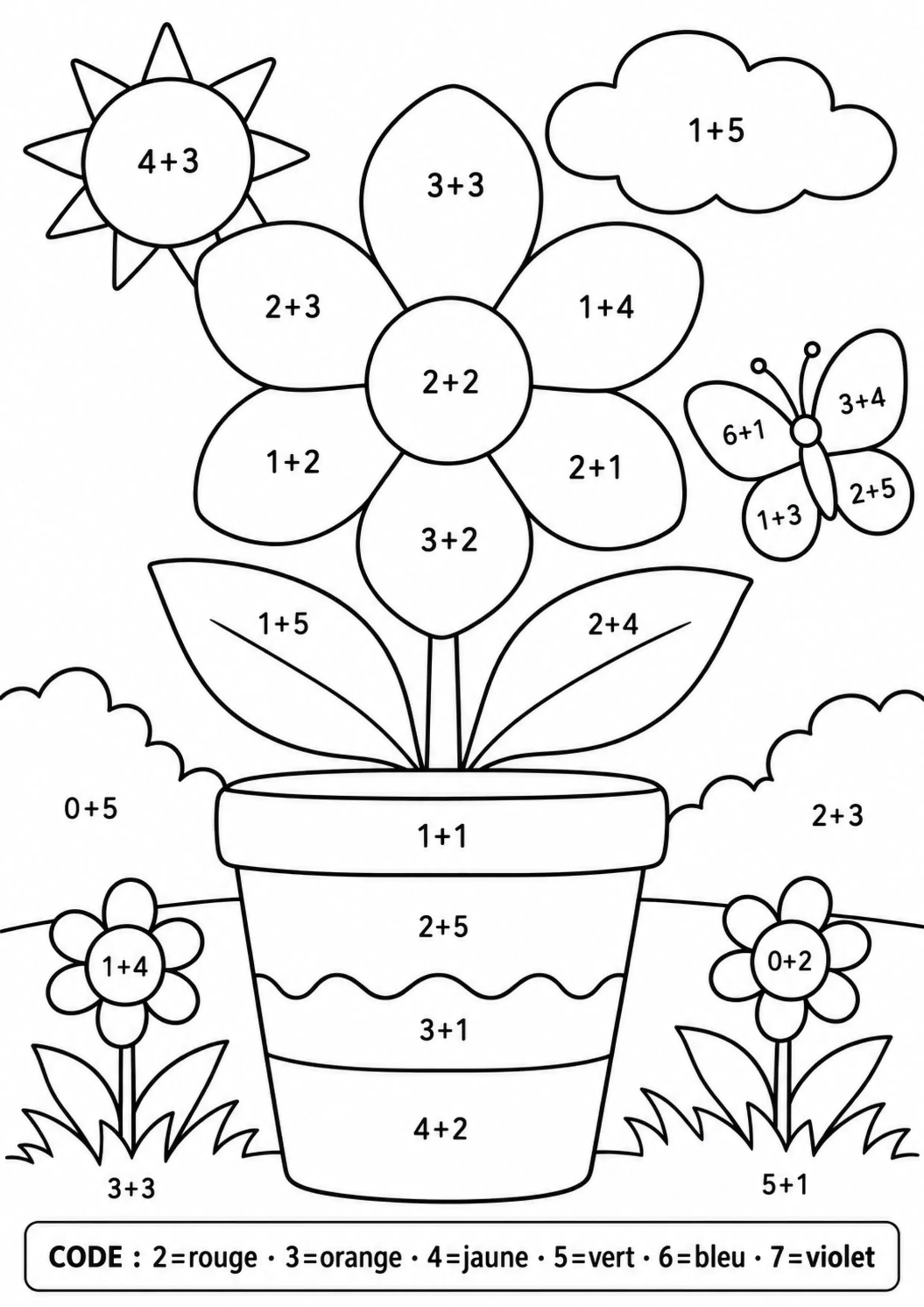 Coloriage fleur révélée par petites sommes à imprimer