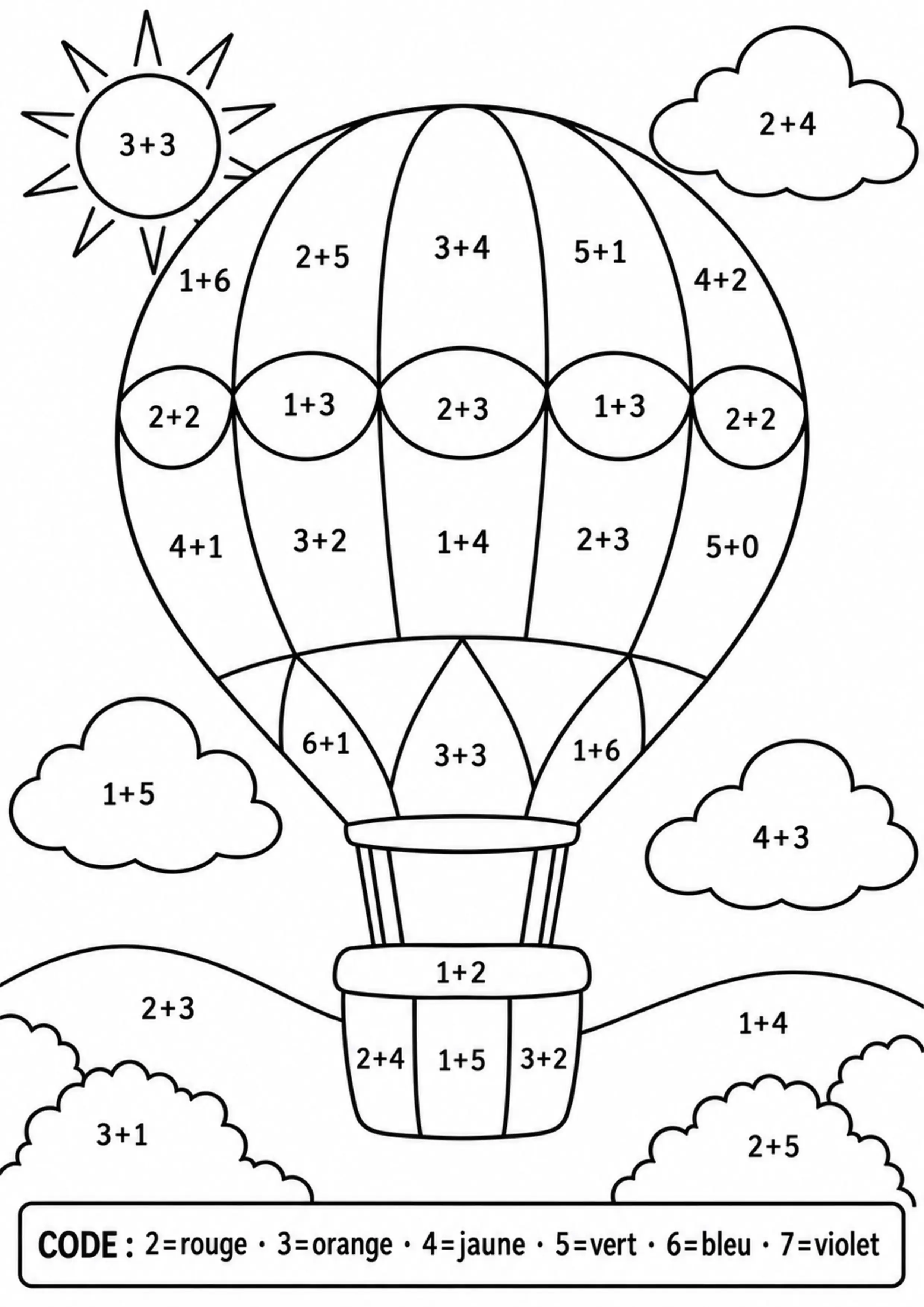 Coloriage montgolfière révélée par additions à imprimer