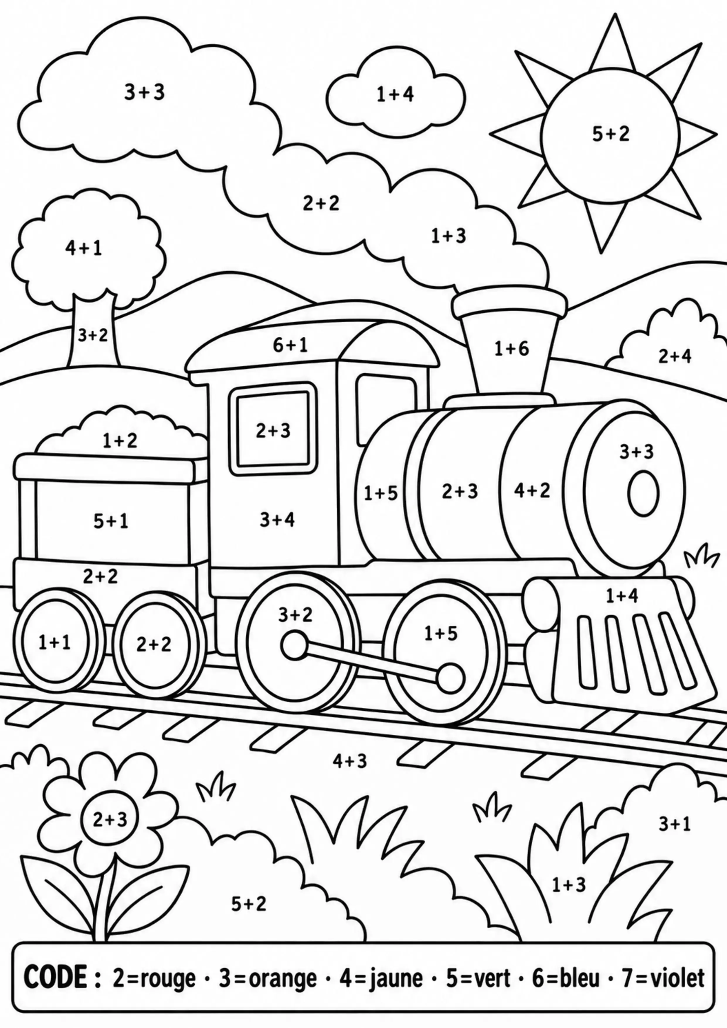 Coloriage train révélé par sommes à imprimer