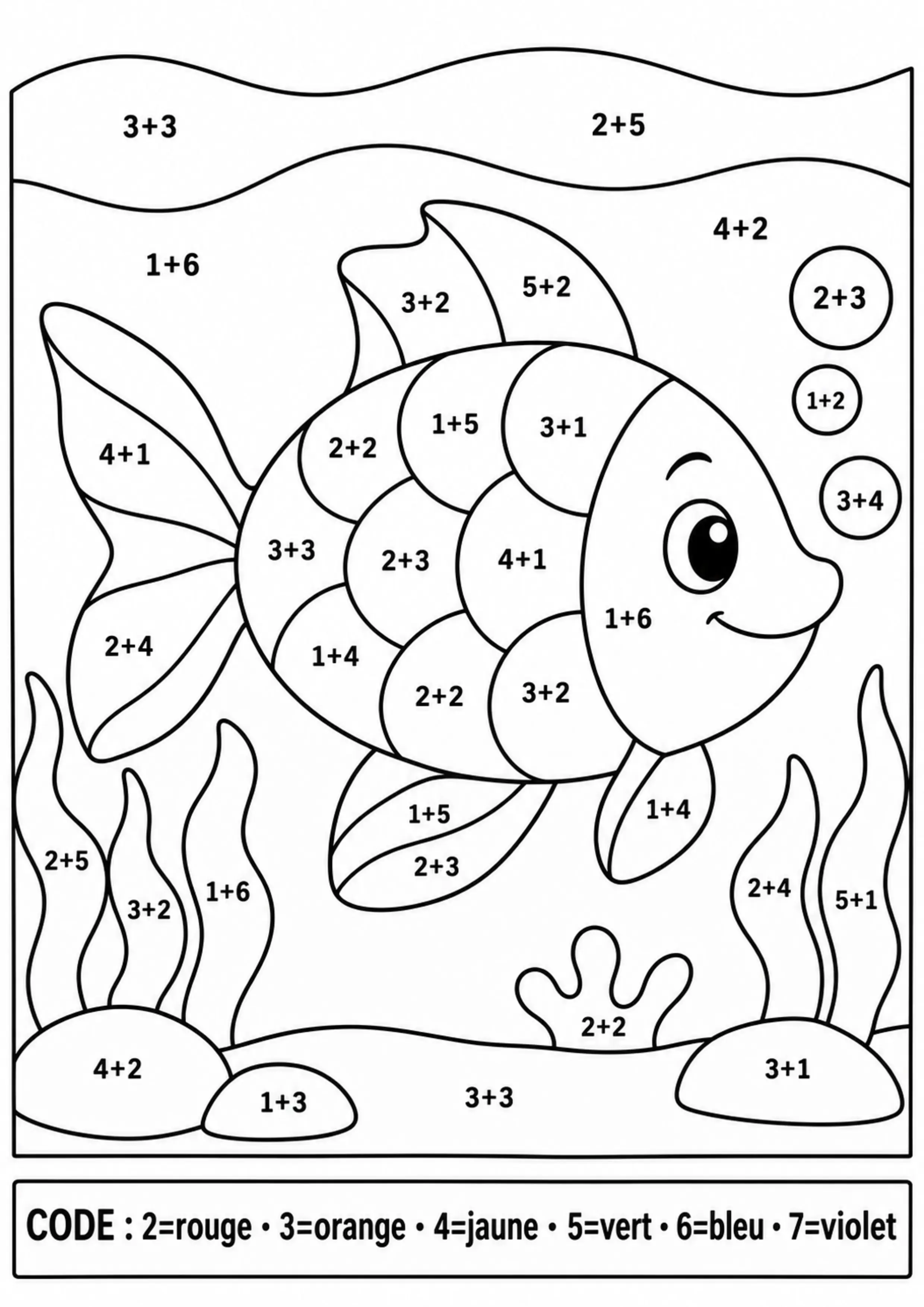 Coloriage poisson révélé par additions à imprimer