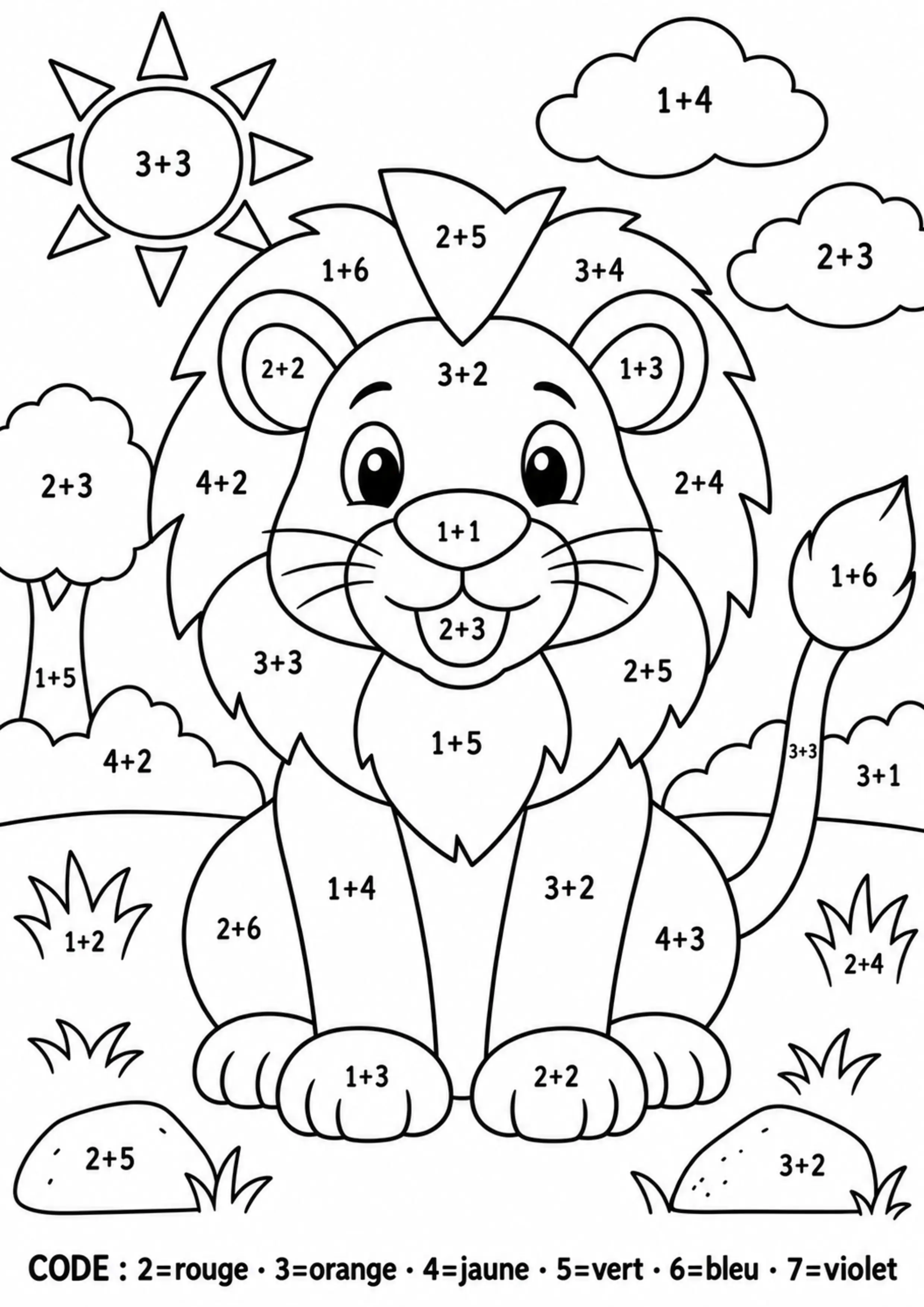 Coloriage lion révélé par additions à imprimer
