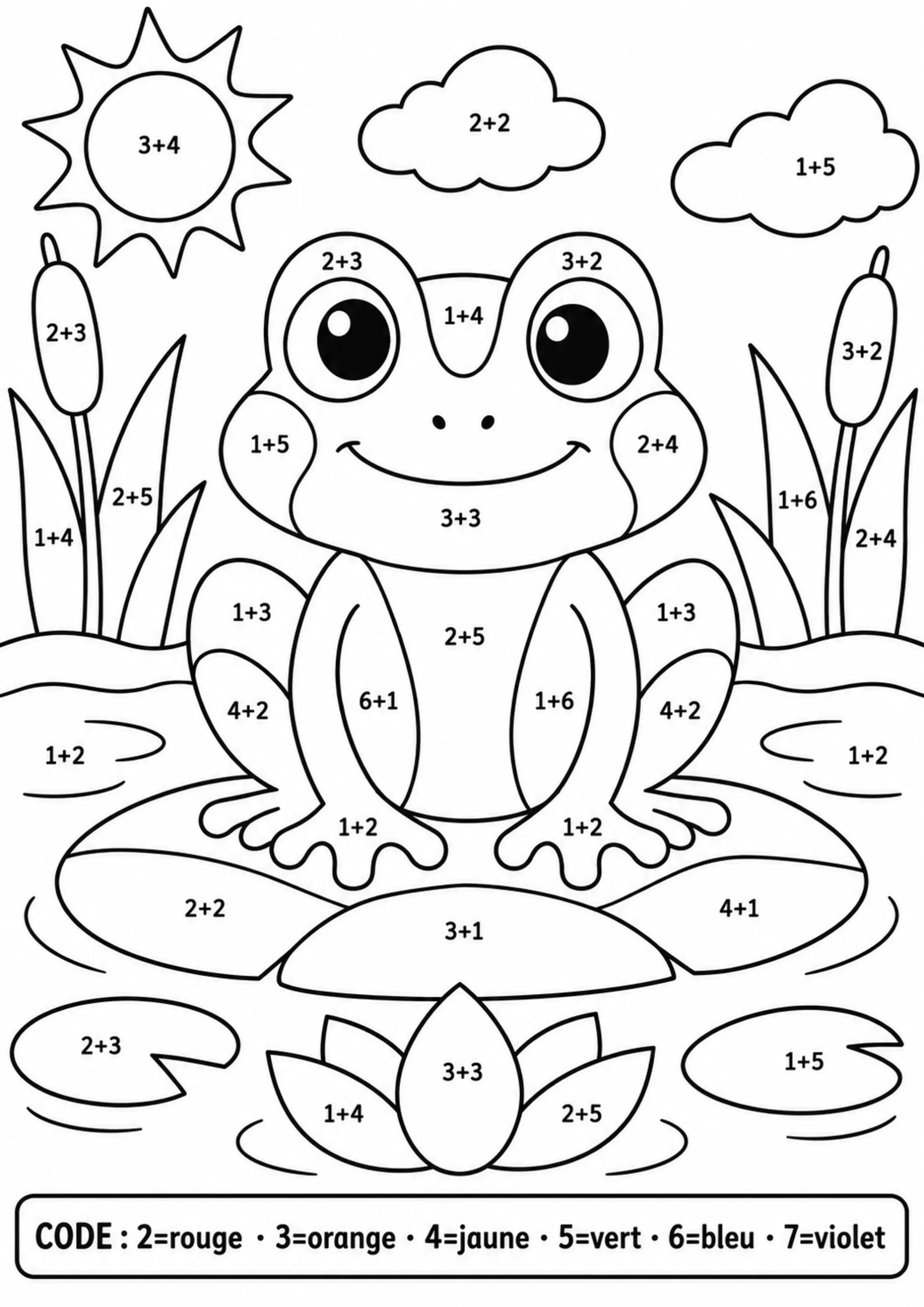 Coloriage grenouille révélée par calculs à imprimer