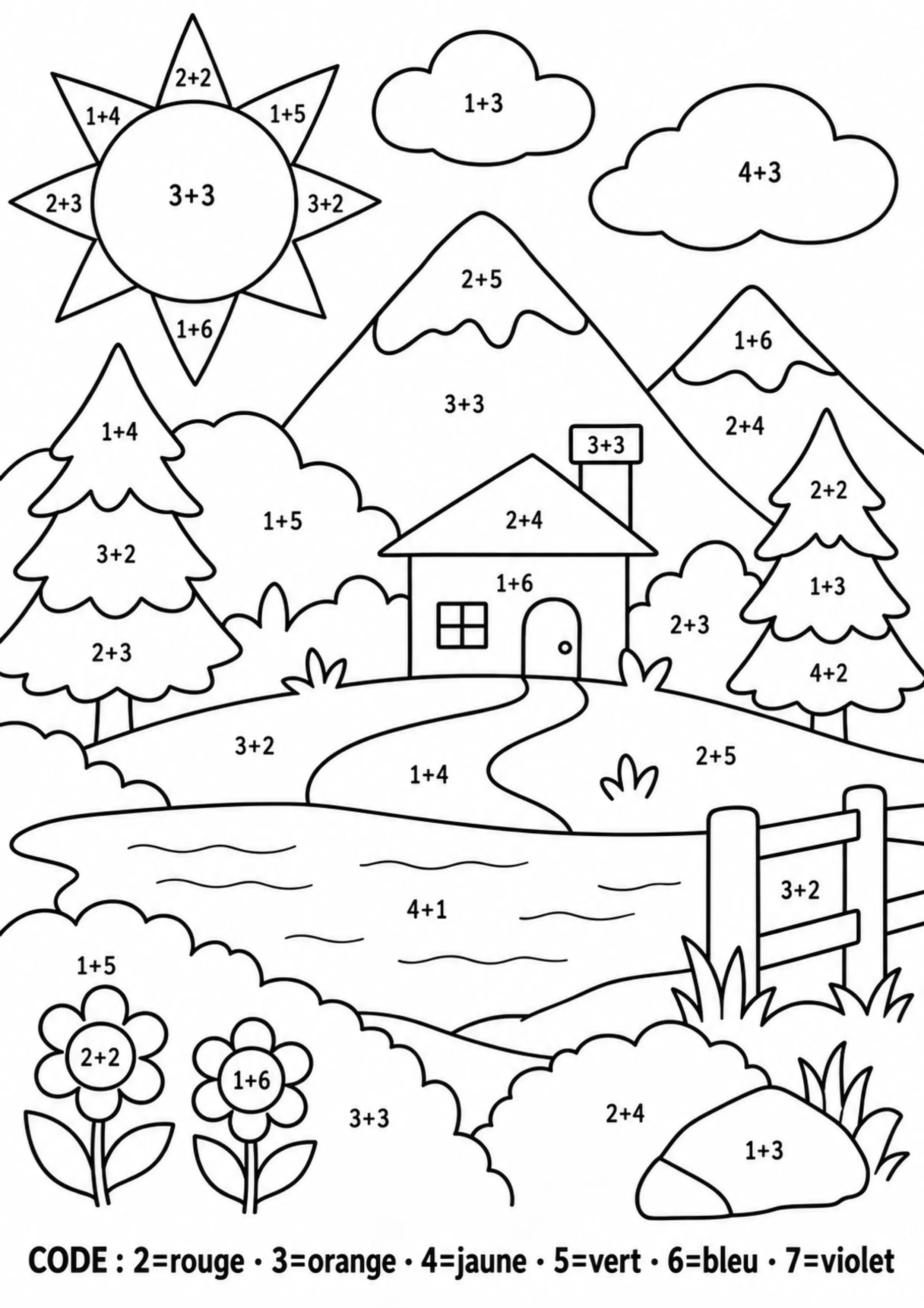 Coloriage paysage révélé par additions à imprimer