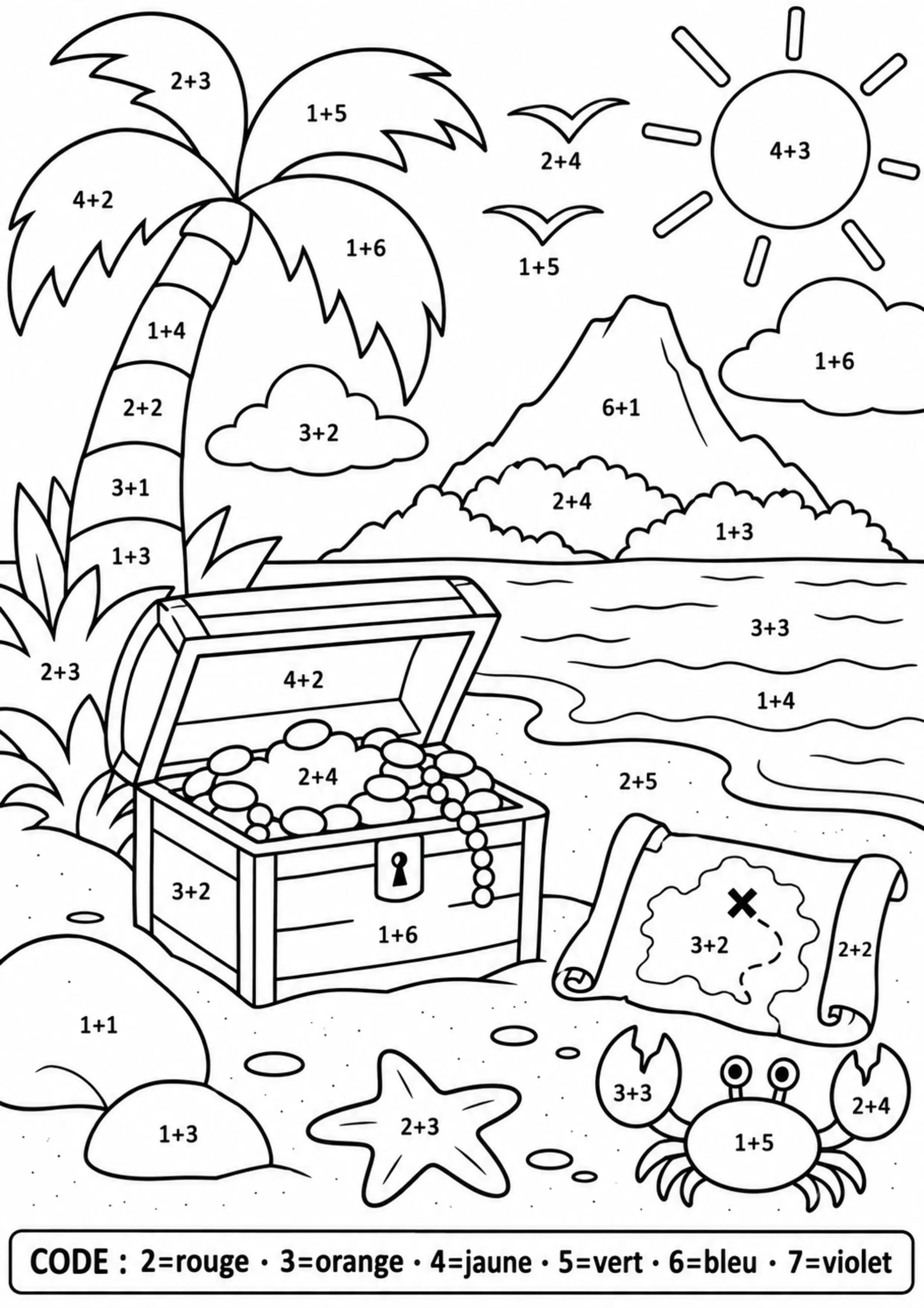 Coloriage île au trésor générique révélée par additions à imprimer